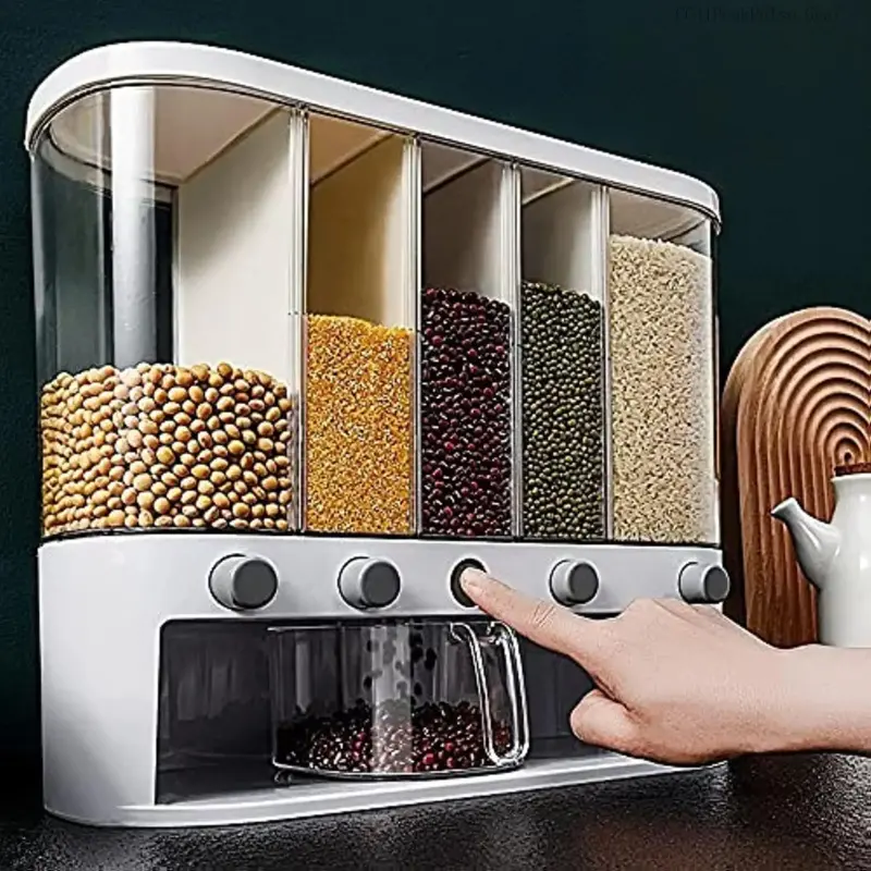 Food mounted 5 Grid Cereal dispenser 25 pounds Kitchen Storage with Measuring CupCC41PeakPulse Gear