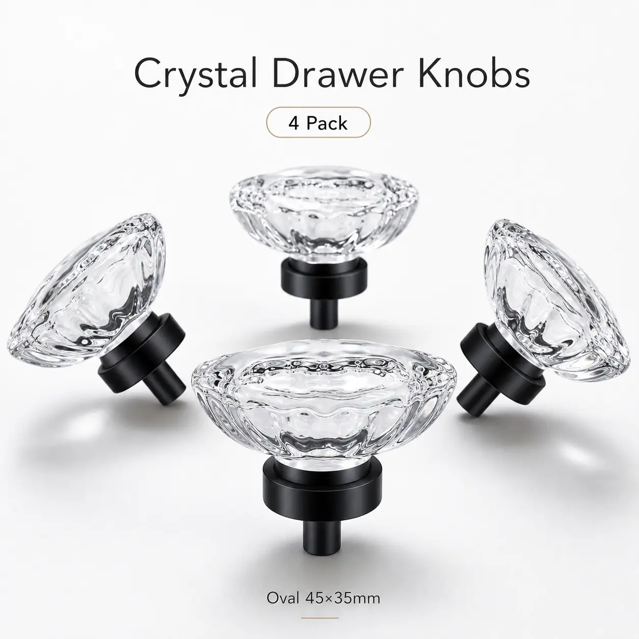 Matte Black Vintage Oval Crystal Glass Cabinet Knobs & Drawer Pulls, 4-Pack, 45x35mm, Home Decor Hardware for Bedroom, Entryway Dressers & Cabinets