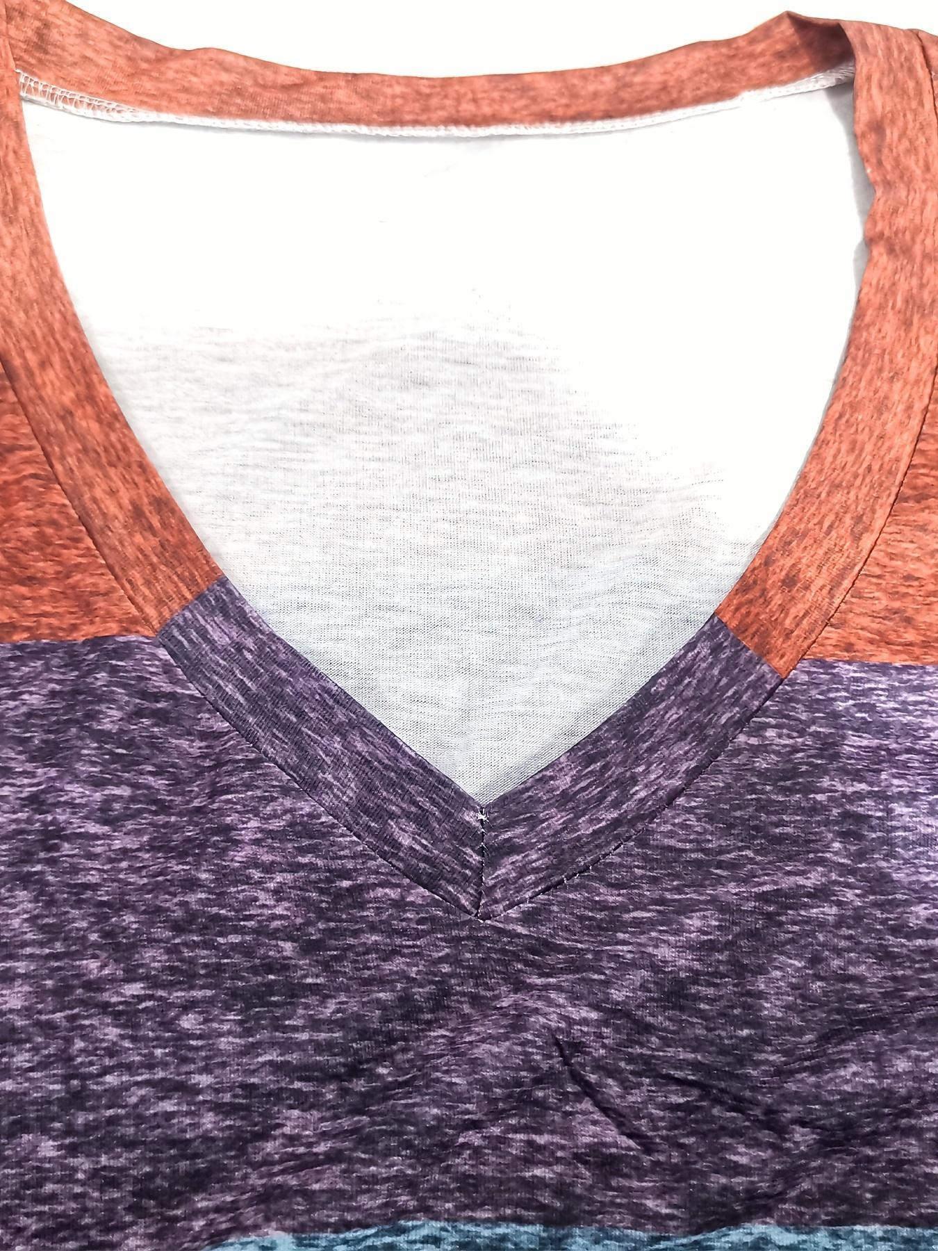 Plus Size Colorful Patchwork Print V Neck Lady Tee, Plus Casual Style Stretchy Fitted Short Sleeve T-Shirt for Summer, Summer Outfits 2024, Women's Plus Clothing for Daily Wear, Everyday, Womenswear