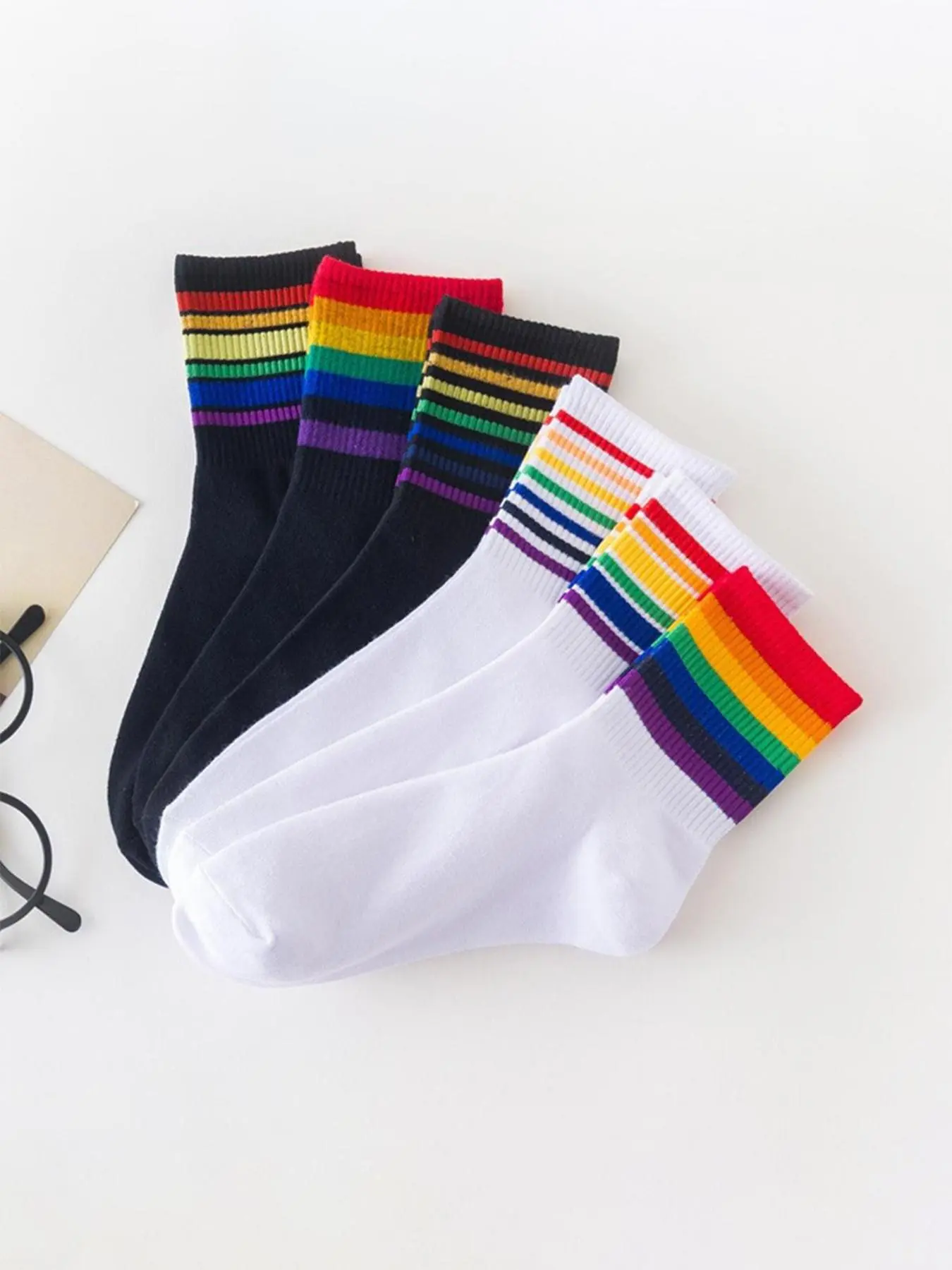 6 Pairs Unisex Rainbow Striped Mid-Calf Socks, Casual Fitted Design for Daily Wear, All Seasons Comfortable Footwear
