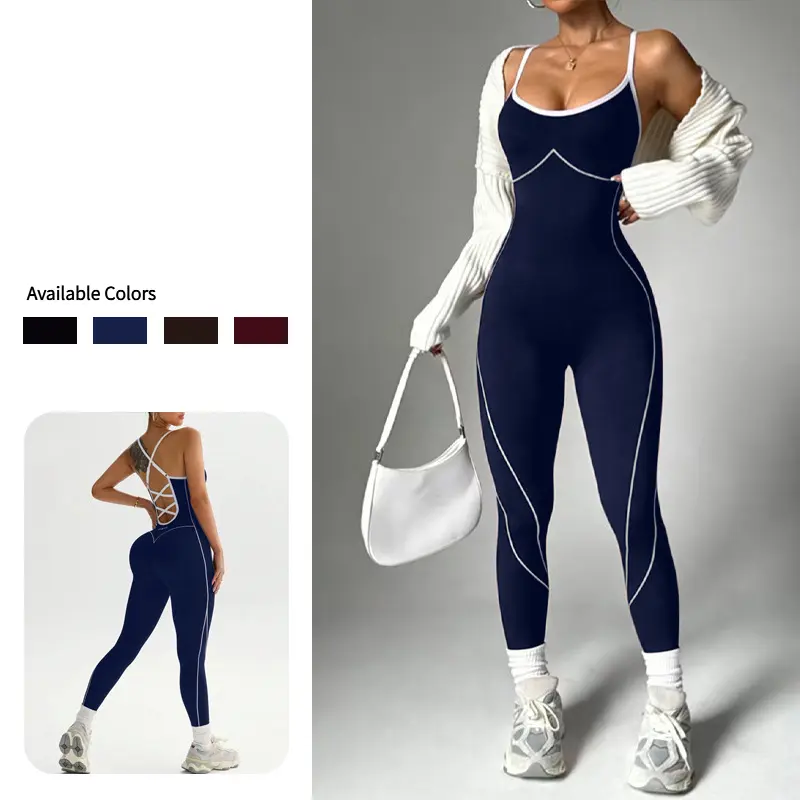 Women's Crisscross Back One-Piece Yoga Jumpsuit with White Contrast Piping, Tummy Control and Butt Lifting Design, Full-Length Yoga Bodysuit, Soft Stretch Seamless Activewear for Gym, Pilates and Daily Activities