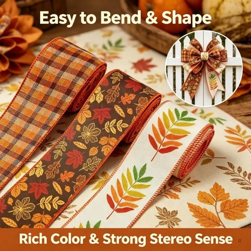 3pcs 15yards Wire Edge Ribbon, Maple Leaf Pattern Decorative Ribbon, Fall Harvest Thanksgiving Decoration, DIY Crafts, Gift Wrapping