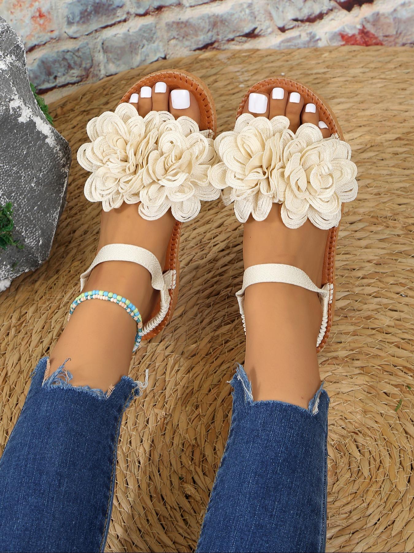 Women's Fashionable Flower Decorated Sandals Boho Sandals, Elegant Sandal, , Casual Comfortable Flat Sandals for Summer, Lightweight Breathable Shoes for Daily Wear, Girl