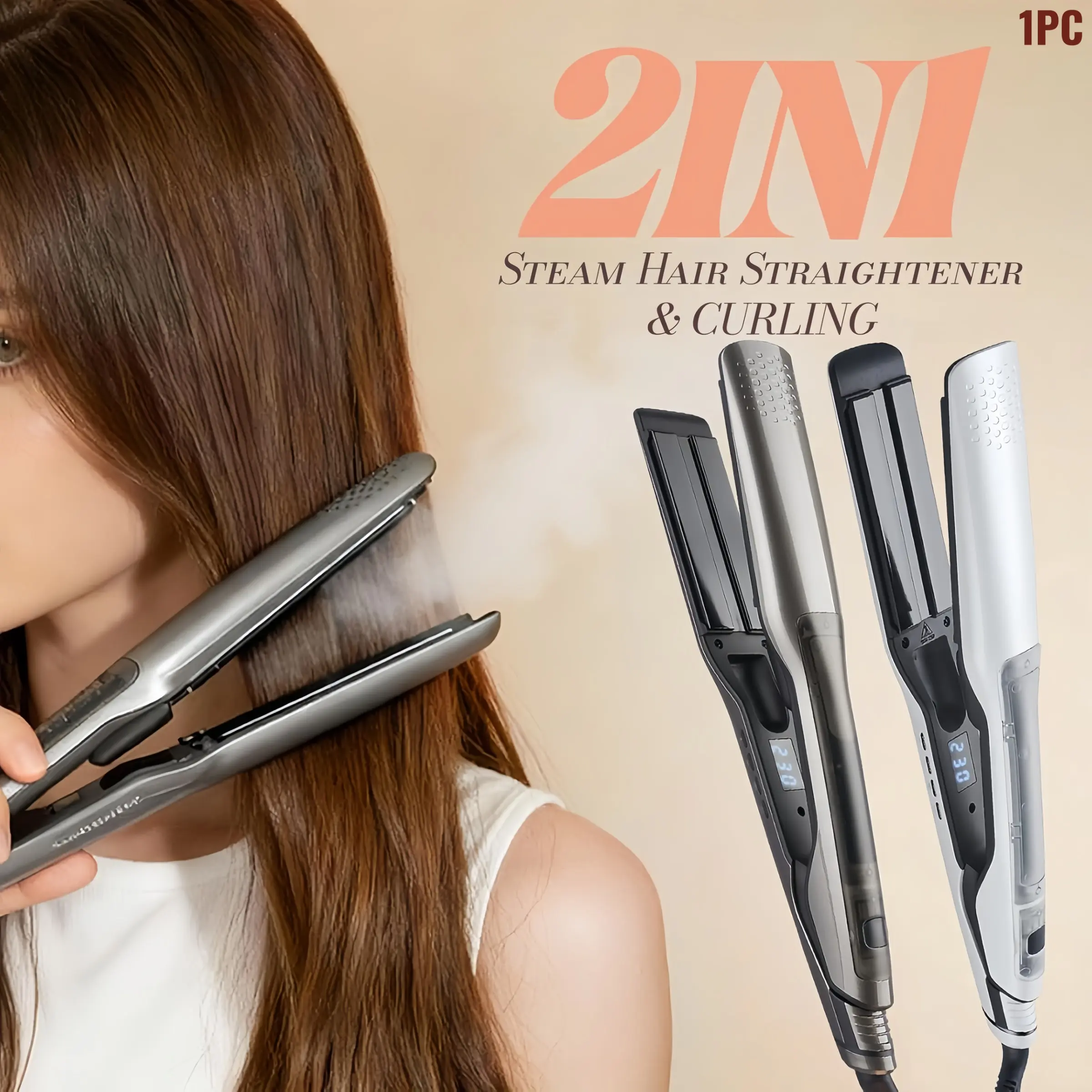 Professional 2-In-1 Spray Steam Ceramic Hair Straightener and Curler, Moisturizing + Digital Display + Quick Heating + Burn Protection+repair damaged hair, suitable for all hair