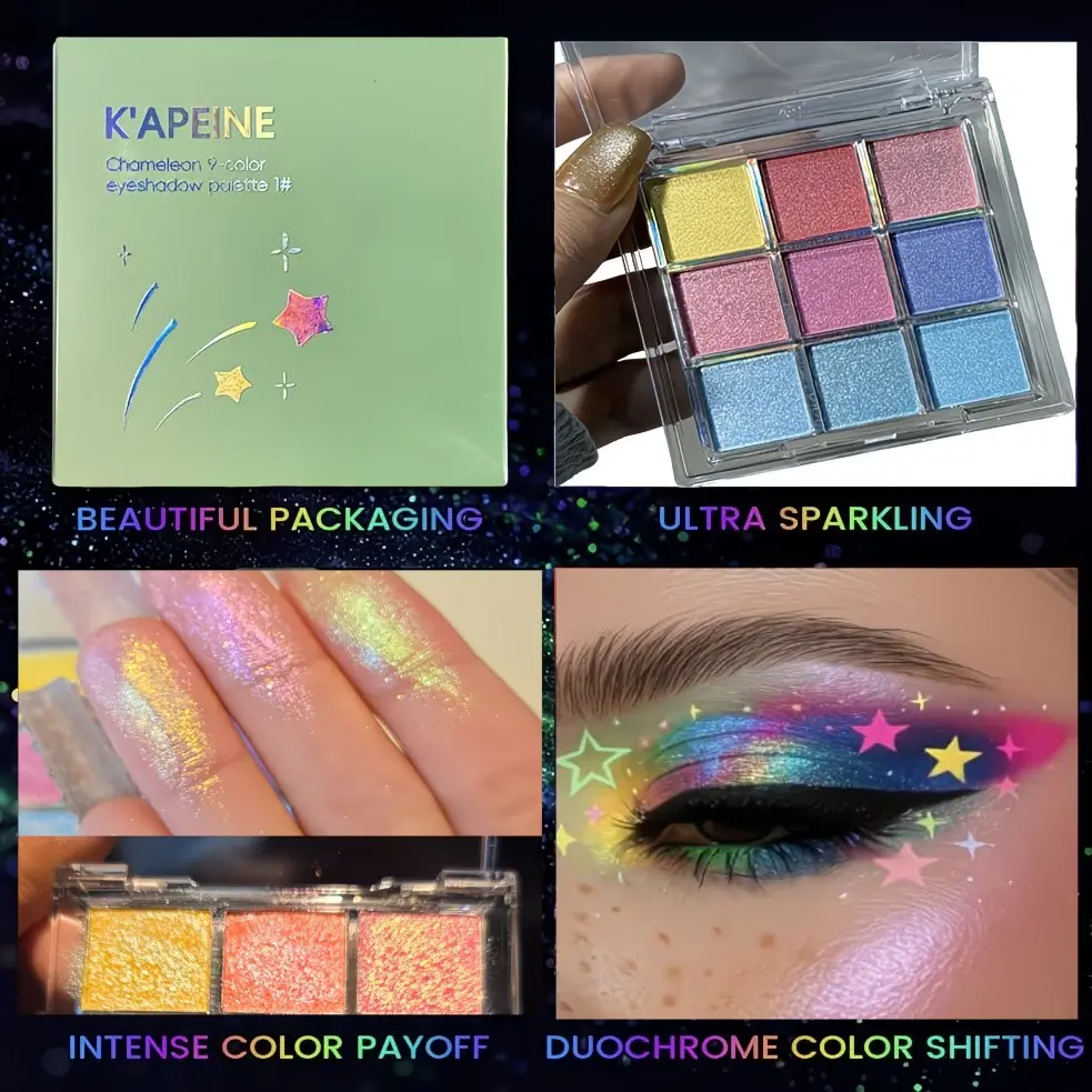 9-color sparkling eyeshadow palette, Sparkly shimmer eyeshadow, pigmented with a smooth, non-falling texture, looks shimmery on the eyes, easy to blend, suitable for all skin types, lets you switch up your eye makeup for everyday wear, parties