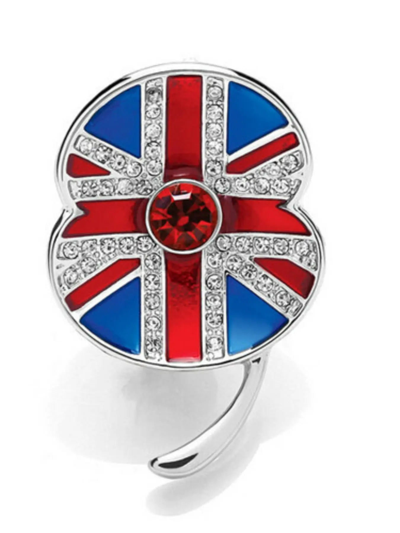 Wwii Remembrance Poppy Brooch with Uk Flag Design, Platinum-Plated Alloy Water-Drop Embellishments, Memorial Pin for Commemorative Events