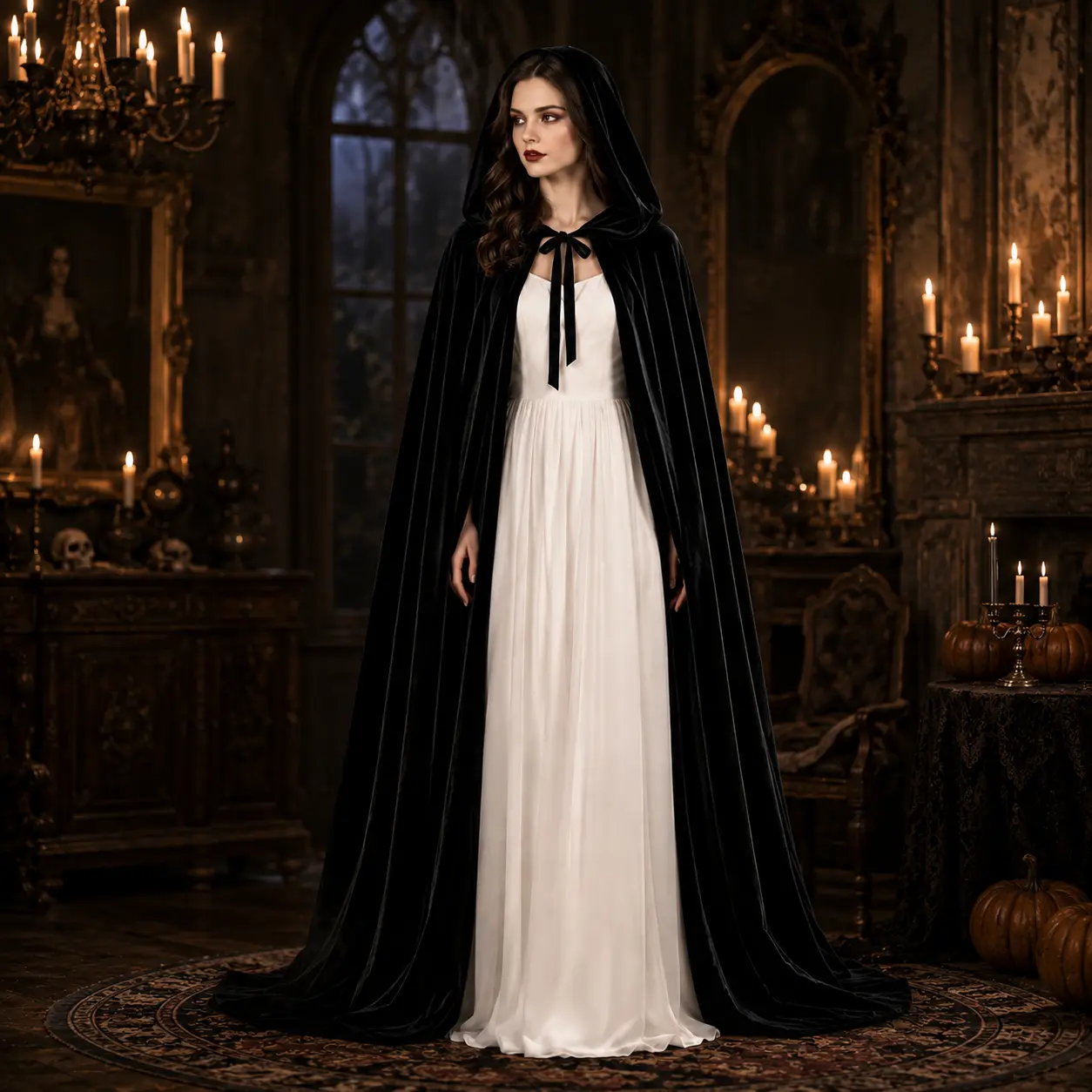 Women's Velvet Hooded Cloak Cape Halloween Costume Full Length Gothic Witch Vampire Hooded Cape with Tie Closure Soft Velvet Renaissance Medieval Cosplay Costume for Halloween Party Masquerade Carnival Adult Dress Up Robe Halloween Accessories