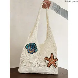 Starfish & Shell Decor Handmade Tote Bag, Casual Shoulder Bag for Beach