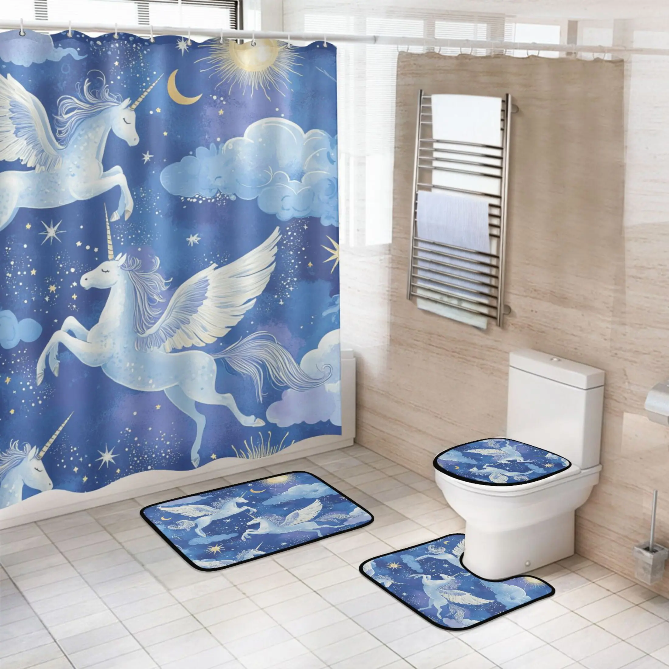 Modern 4-Piece Flannel Bathroom Set - Waterproof Shower Curtain, Non-Slip Bath Mat, U-Shaped Mat, Unicorn Print Toilet Lid Cover