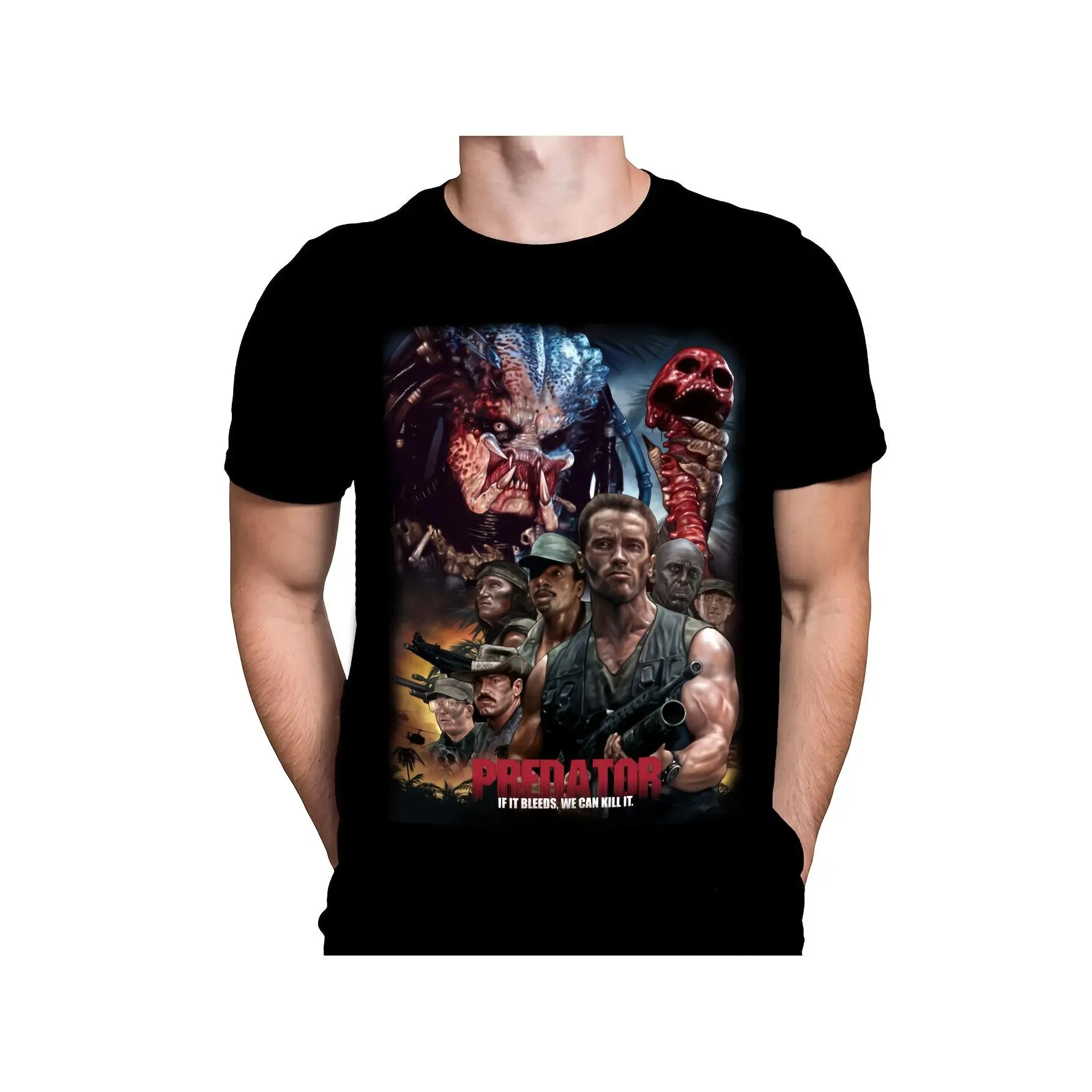 Men's Predator "If It Bleats" Horror-Action Graphic Cotton Stretch Short-Sleeve T-Shirt - Black Official Merchandise - Machine Washable by Peter Panayis - Conference & Casual Wear Top, Tshirt, Shortsleeve, Fabric, Knit, Round Neck, Casual Fit, Knitted Fab