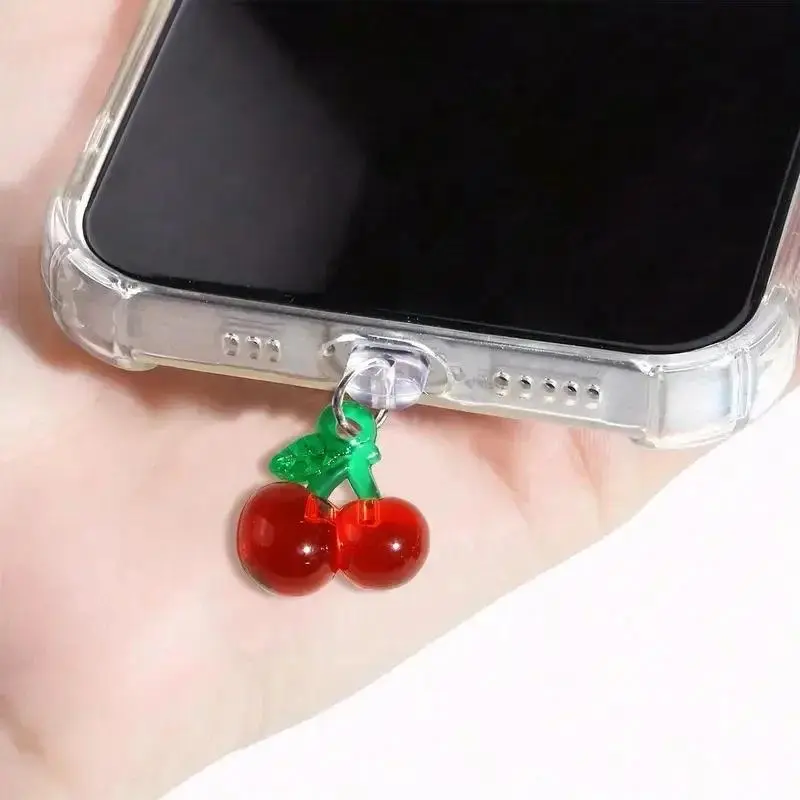 3-Pack Cute Cherry Dust Plug Charms, Aesthetic Fruit Pendant for Type-C Charging Port Protectors, Fashionable Phone Accessory Gift, Fruit Charm, Smartphone, Cellphone, Mobile, Type-C Port, Type-C/Iphone