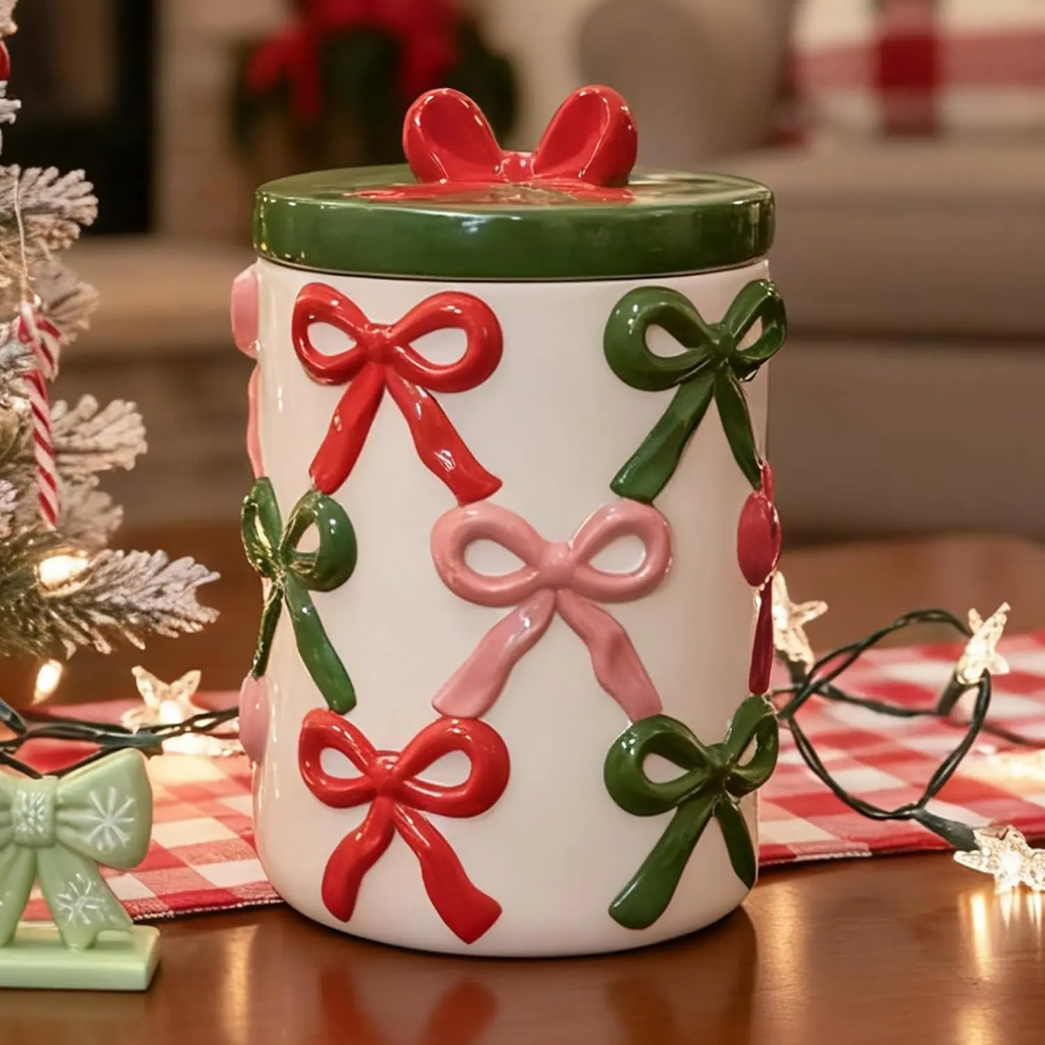 Christmas Ceramic  Storage Jars with Lid, 56 OZ Xmas Hand-Painted Red and Green Bow Kitchen Containers for Coffee, Cookie, Snacks, , , Cereal, Nut, Flour