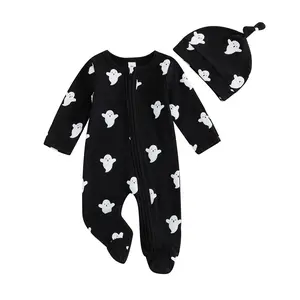 Newborn Baby Girl Boy Halloween Outfits Ghost Footed Onesie Knit Long Sleeve Romper and Hat 2Pcs Set Fall Clothes