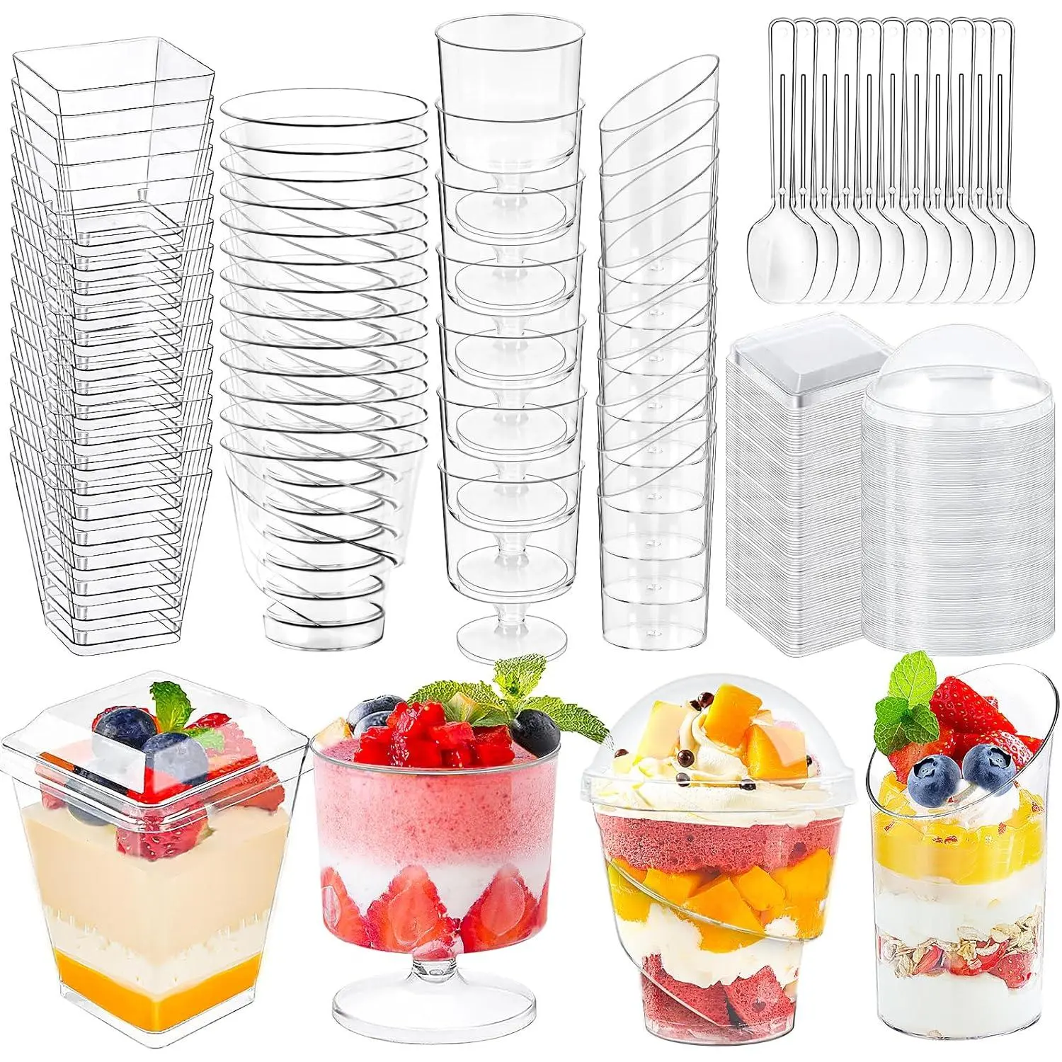 380 Pack Mini Dessert Cups with Spoons and lids, 5 oz Mini Clear Parfait Cups, Shooters Cups for Party, Round Yogurt Cups, Reusable Fruit Ice Cream Cake Pudding Cups