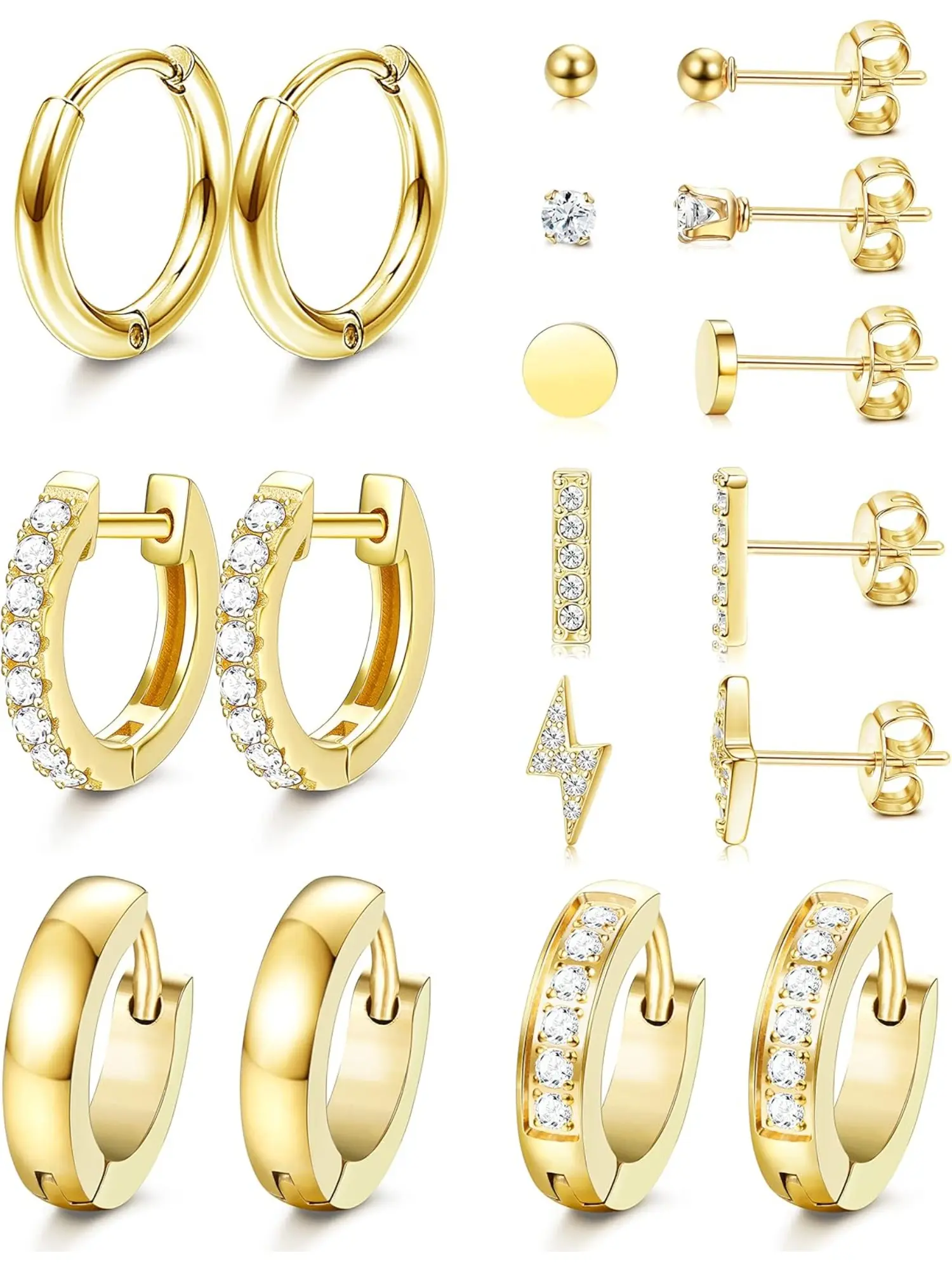 9 Pairs Huggie Stud Earring Sets for Multiple Piercing Small Stud Hoop Earrings Dot CZ Bar Stud Earrings