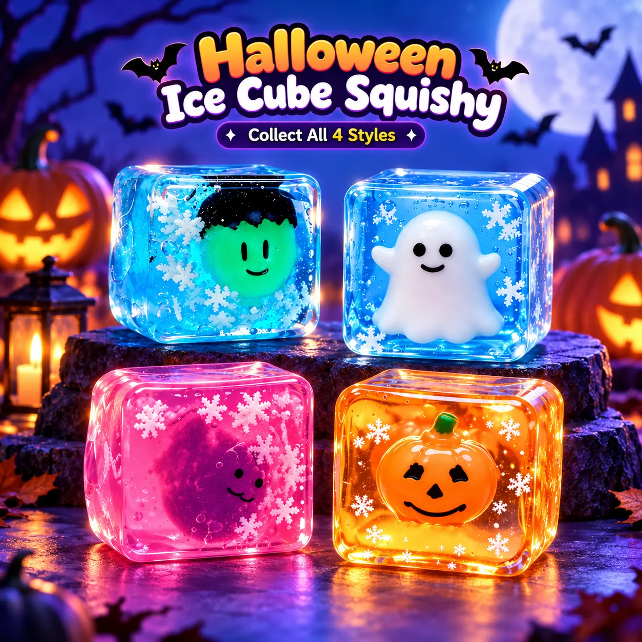 Spooky Halloween Ice Cube Squishy Toy, Pumpkin Bat Squeeze Block, Sensory Stress Relief for Teens & Adults 12+, Aesthetic Desk Decor & Trick or Treat Gift