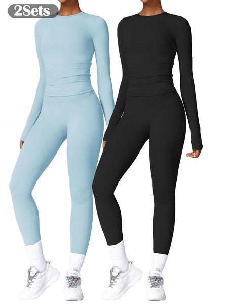 Women's Solid Long Sleeve Skinny Tee & High Waist Leggings Tracksuit Set, Sporty Breathable Quick Drying Outfits for Gym Workout Running, Ladies Outdoor Yoga Suit for All Seasons, Sweatsuit Sets, Quick Dry Activewear