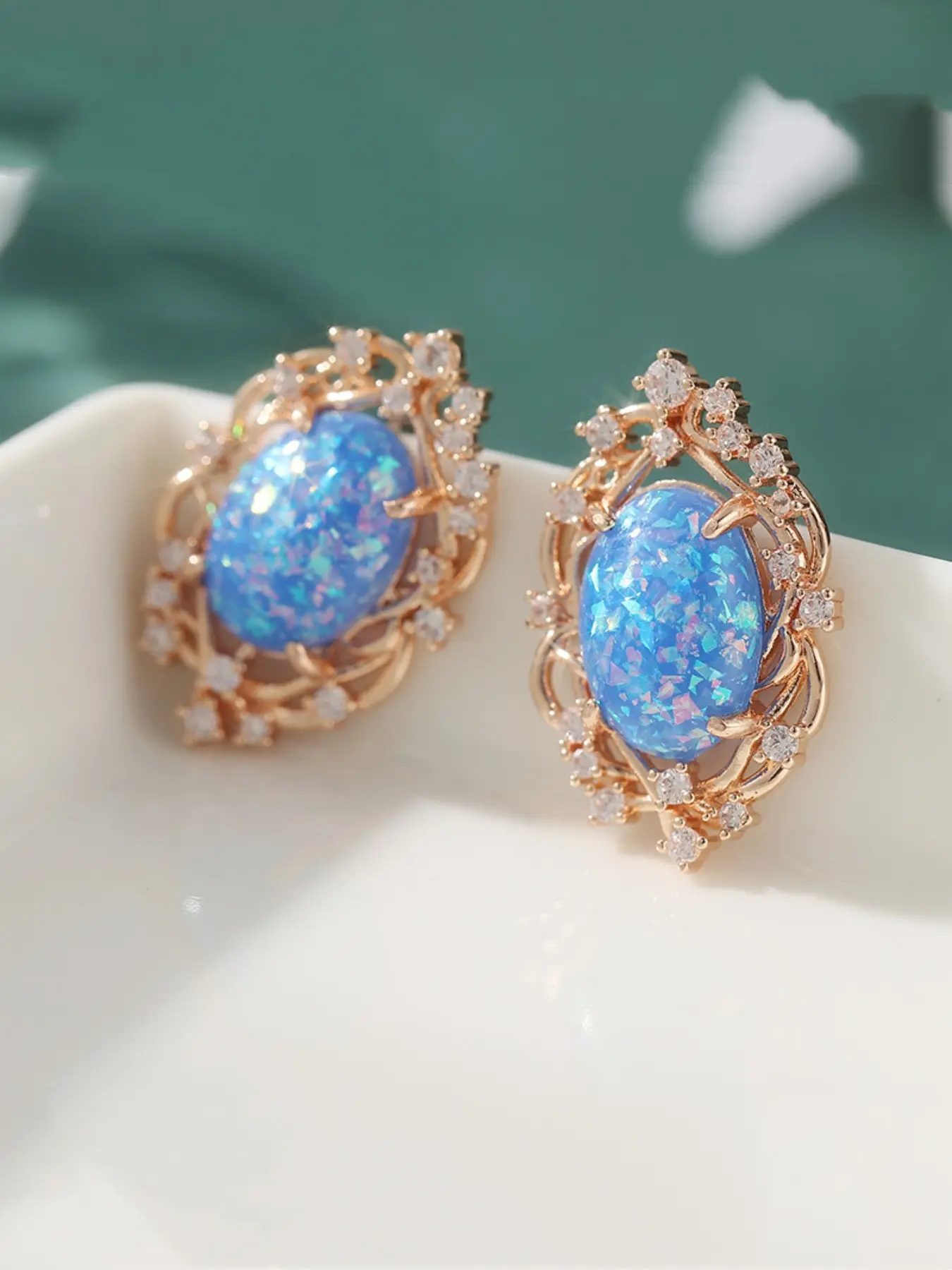 Vintage Synthesis Blue Opal Earrings, Oval Earstud, Petite Gift
