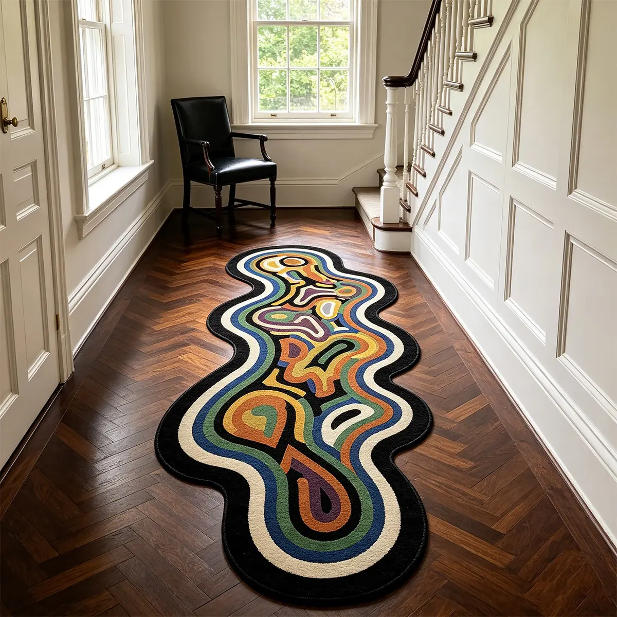 Abstract Rainbow Wave Corridor Rug, Pop Art Retro Non-Slip Mat, Memphis Style Bedroom Bedside Decor, Soft Carpet, Abstract Area Rug, Home Decoration Gift