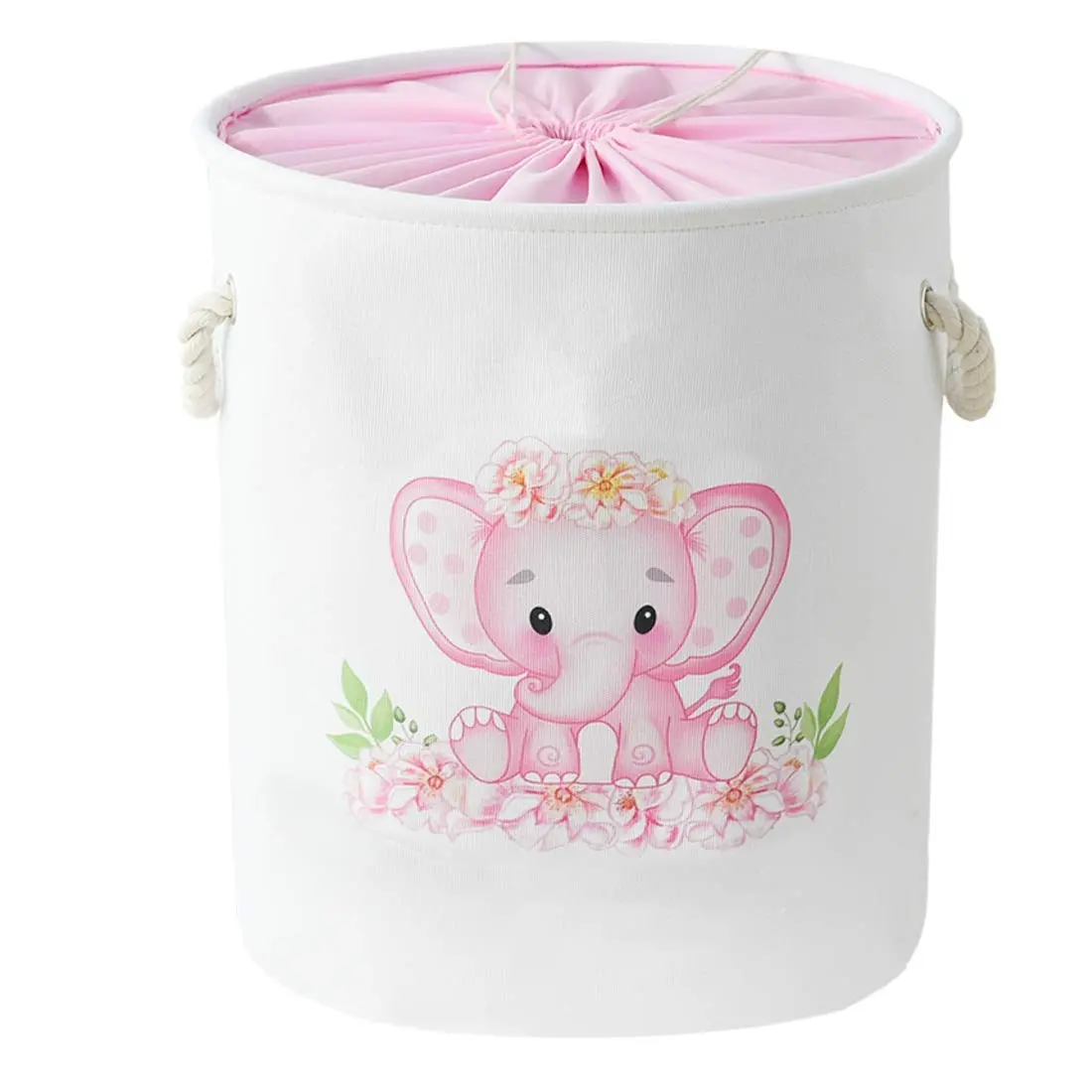 Laundry Baskets Kids Laundry Hamper, Pink Baby Hamper Elephant Basket Large Collapsible Kids Hamper with Handles Waterproof Round Linen Storage Basket for Toddler/Girls (Pink Elephant)