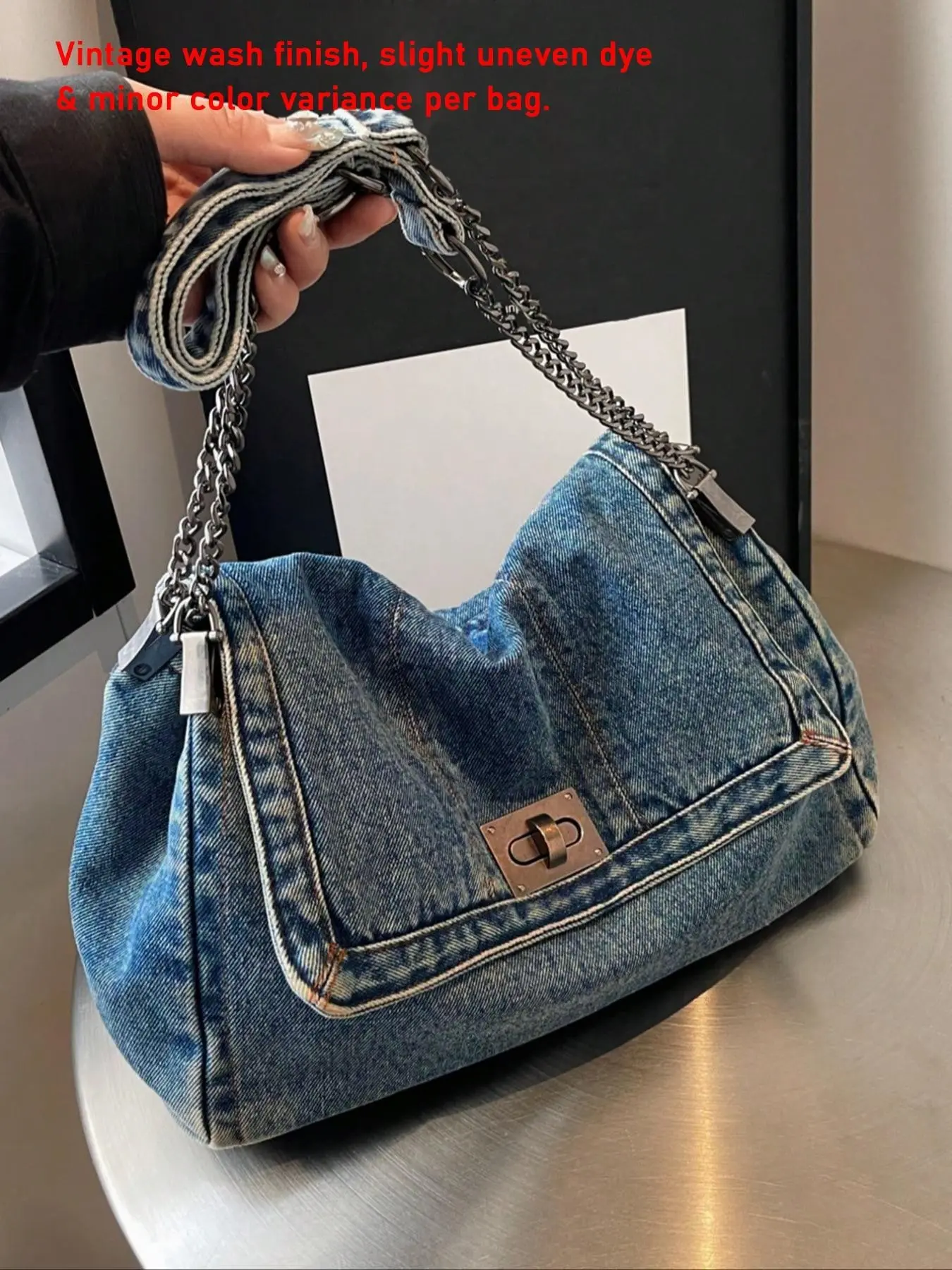 Women's Denim Shoulder Bag, Large Capacity Chain Strap Crossbody Bag for Daily Used, Casual Trendy Versatile High-quality Daily Commuting Bag