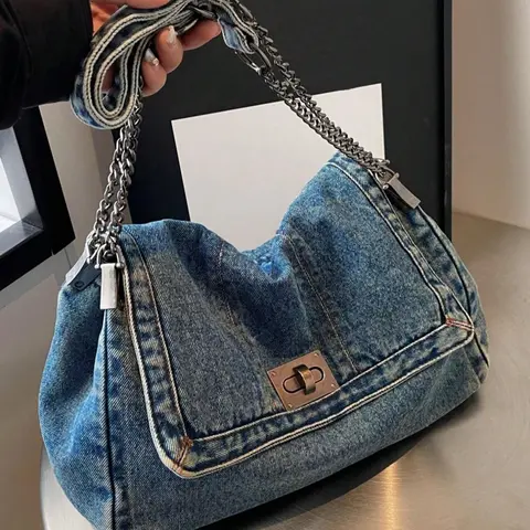 Women's Denim Shoulder Bag, Large Capacity Chain Strap Crossbody Bag for Daily Used, Casual Trendy Versatile High-quality Daily Commuting Bag, Casual Crossbody Bags