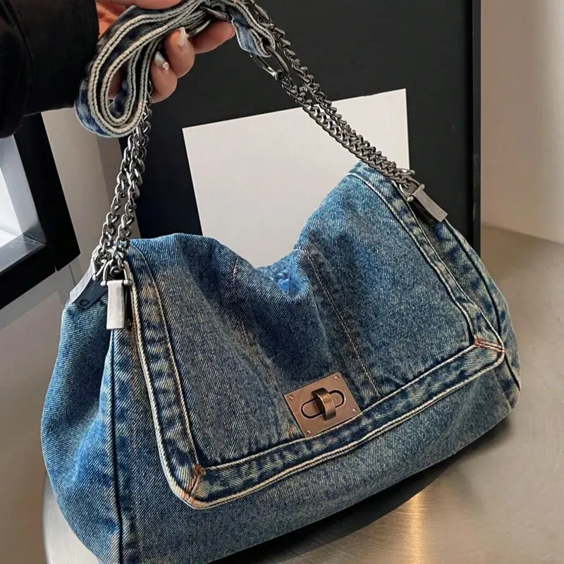 Women's Denim Shoulder Bag, Large Capacity Chain Strap Crossbody Bag for Daily Used, Casual Trendy Versatile High-quality Daily Commuting Bag, Casual Crossbody Bags