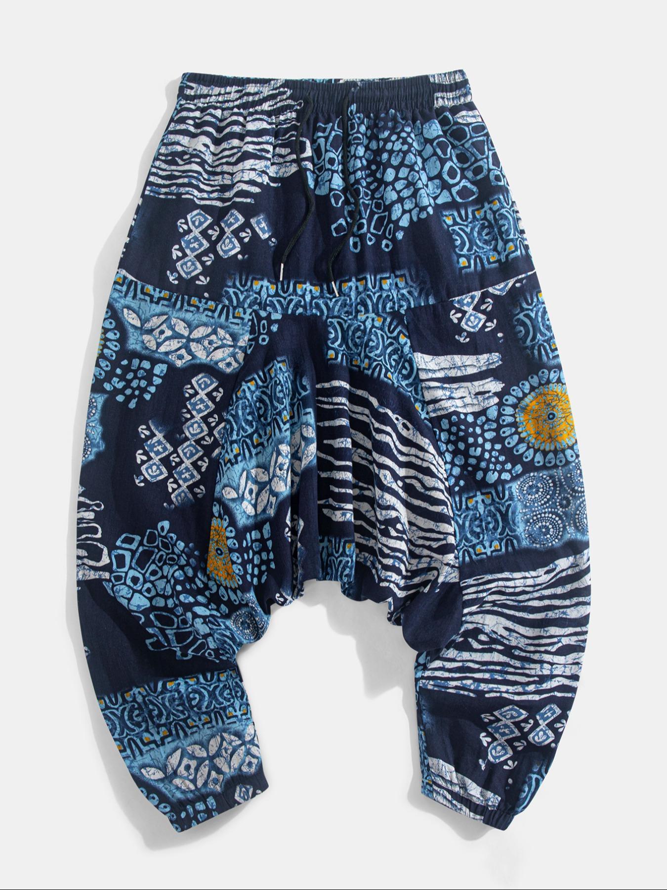 Men's Tribal Pattern Tie Waist Harem, Boho Casual Comfy Trousers for Daily Wear, Men's Bottoms for Summer, Bohemian Trousers
