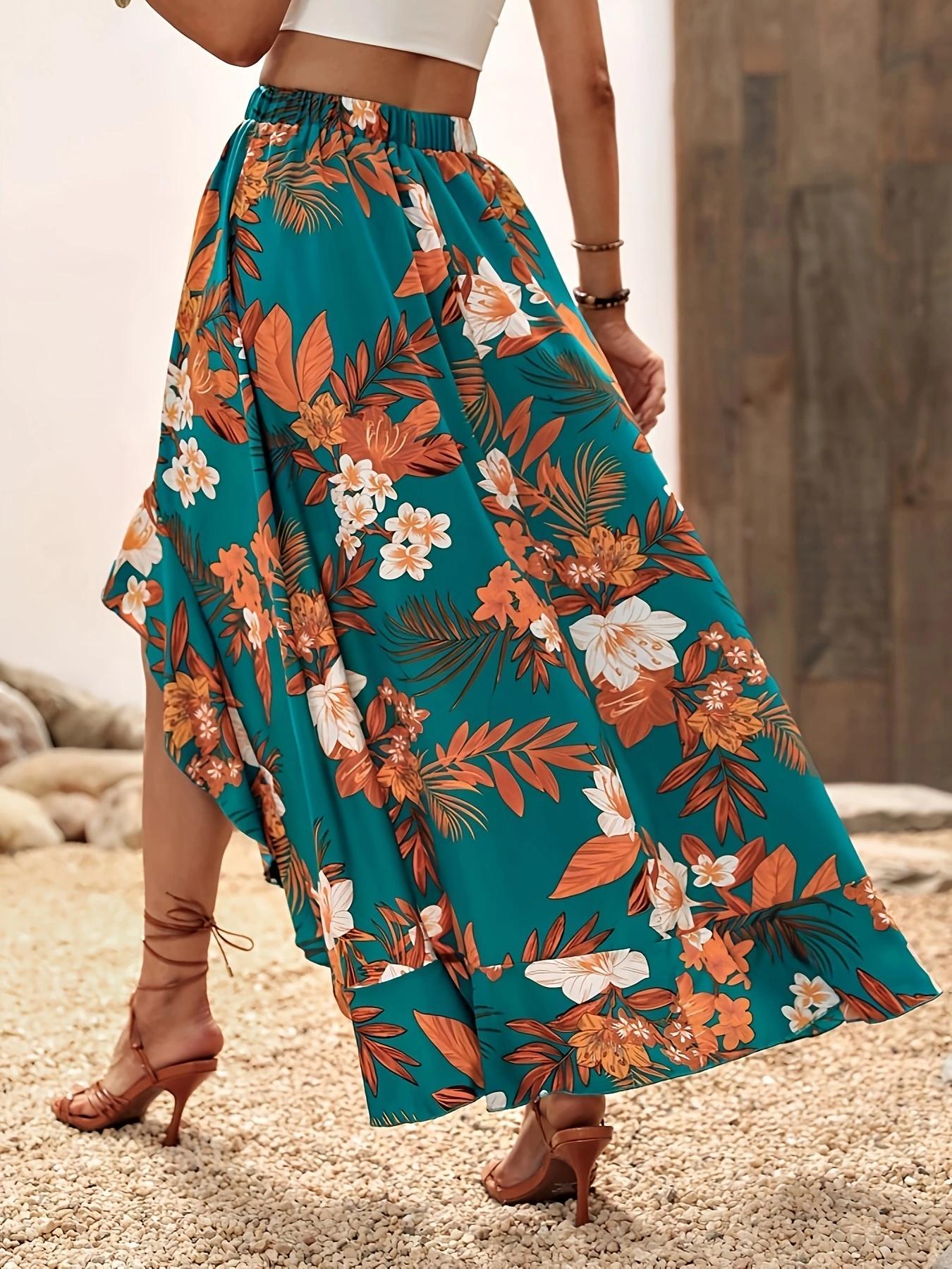 Women's Floral Print High Low Hem Skirt, Boho Ruffle Trim Elastic Waist Short Skirt for Beach Holiday Vacation, Ladies Summer Clothes, Boho Fashion Skirt, Womenswear