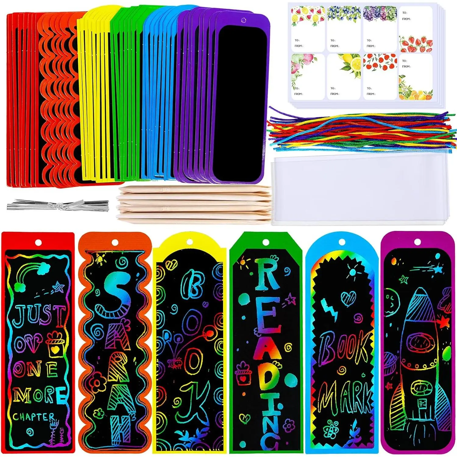 48 Sets 6 Styles Magic Color Scratch Bookmarks Craft Kits Rainbow Scratch Paper Art Sets for  Students Party Favors DIY Bookmarks Bulk with  Tools Ribbons for Classroom Activities