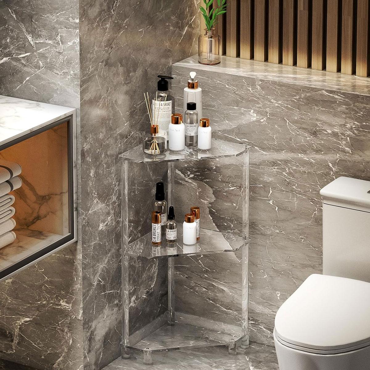 Modern Acrylic Corner Table, Modern Entryway Table, Modern Side Table, Transparent Triangle Shelf for Living Room Bedroom Bathroom, Easy Assembly Space-Saving Design