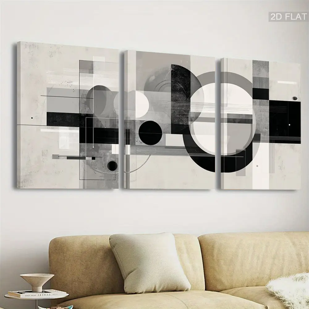 3-Piece Framed Wood-Hanging Monochromatic Abstract Geometric Canvas Art Prints - 2D Flat Paintings for Modern Living Room Wall Decor