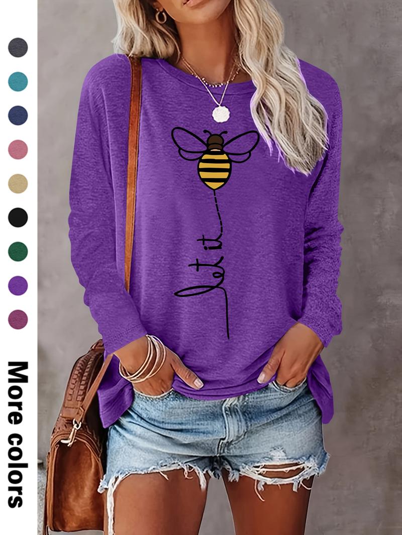 Women's Cartoon Bee Print Round Neck Tee, Casual Chic Long Sleeve Crew Neck T-shirt for Fall & Winter, Women's Top for Daily Wear, Womenswear