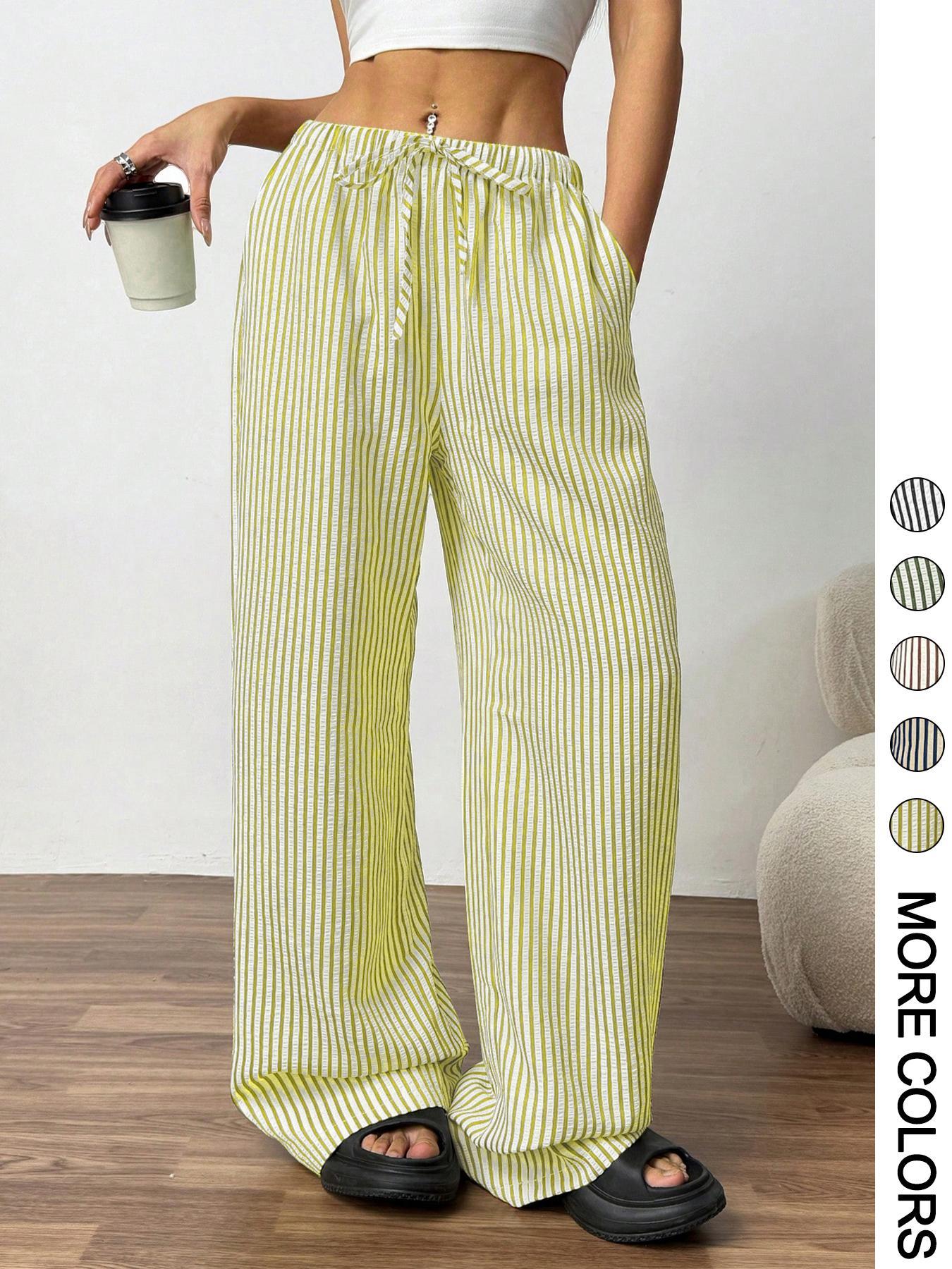 Women's Striped Print Drawstring Waist Pants, Casual Comfy Wide Leg Trousers for Daily Wear, Ladies Bottoms for All Seasons