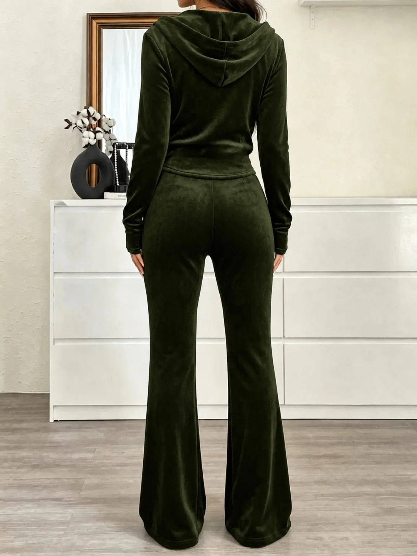 Women's Fall Winter Two-Piece Set, Velvet Hooded Zipper Jacket with Wide Leg Pants, Y2K Casual, Multiple Colors Available