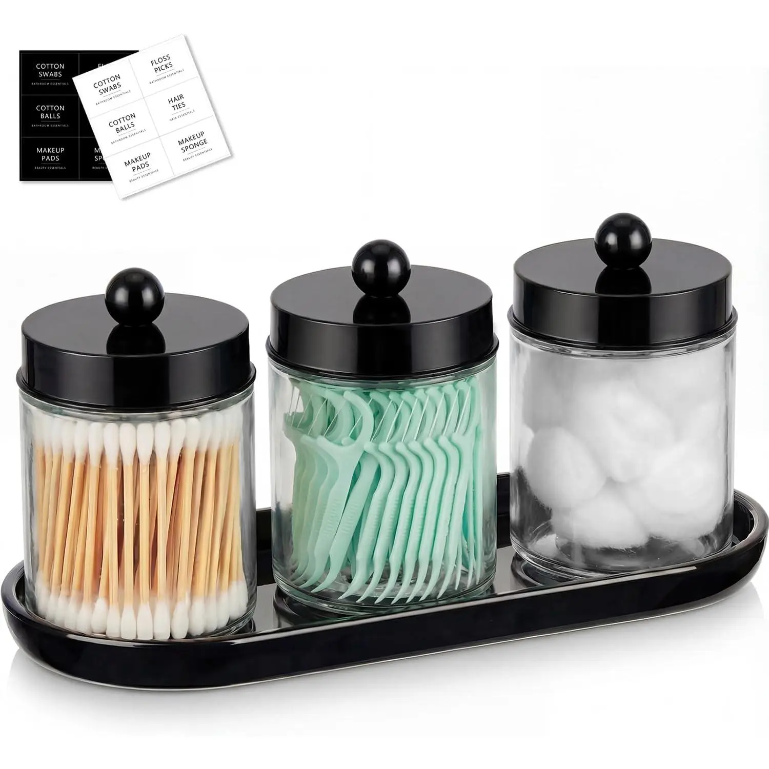 Qtip Holder 3 count, Glass  Jars with   Tray,  Round Holder, Countertop Guest Canister Bathroom Organizers and Storage for  Swabs/Balls, Floss Picks