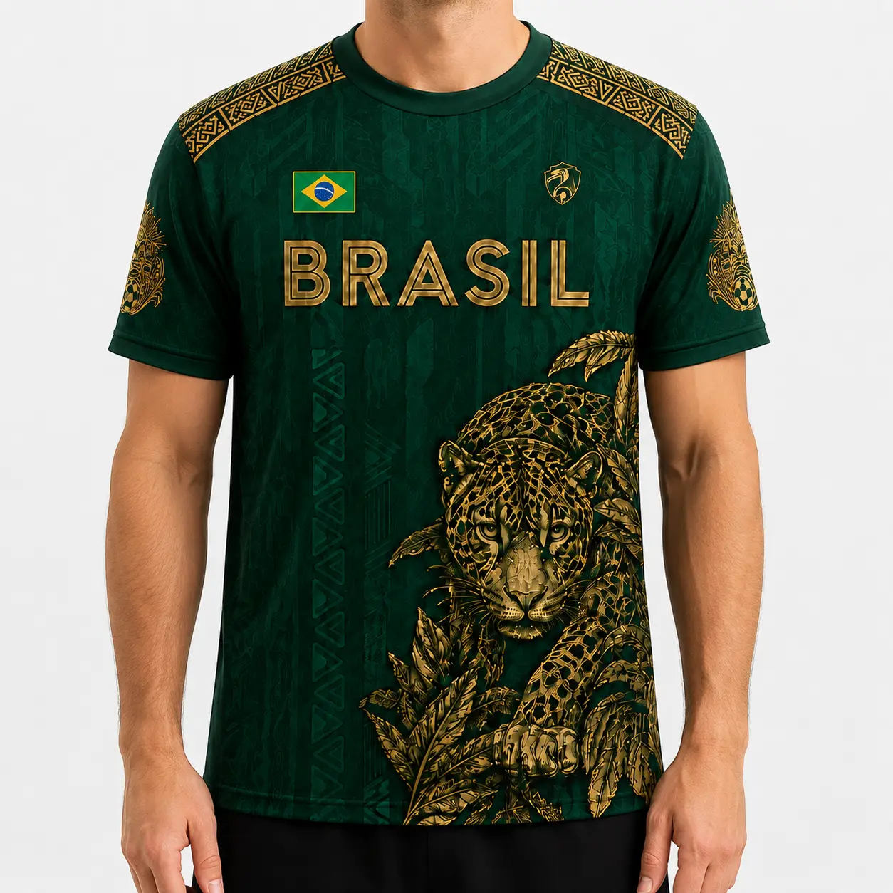 Brazil Graphic Soccer Jersey Shirt Men Women, Green Gold Jaguar Print Crew Neck Fan Tee, Summer Game Day Outfit, Casual Streetwear Top,clothes,outfits,men's wear,men fashion,summer men clothes,fashion men clothes,4th of july shirts