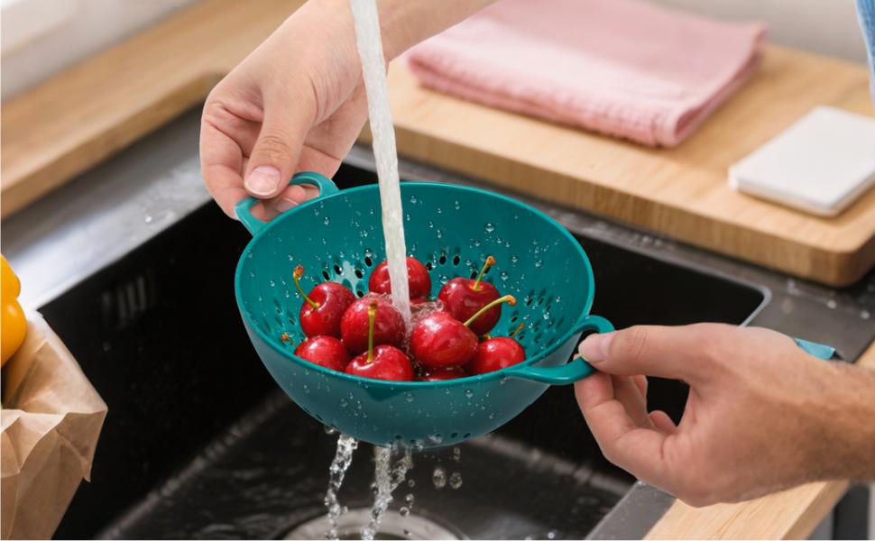 8 Pack Mini Colander for Kitchen, 6 Inch Plastic Berry Bowl with Double Handles, Small Compact Food Strainers, Perforated Round Fruits Basket for Vegetables Pasta, BPA-Free, Food-Safe(8 Colors)