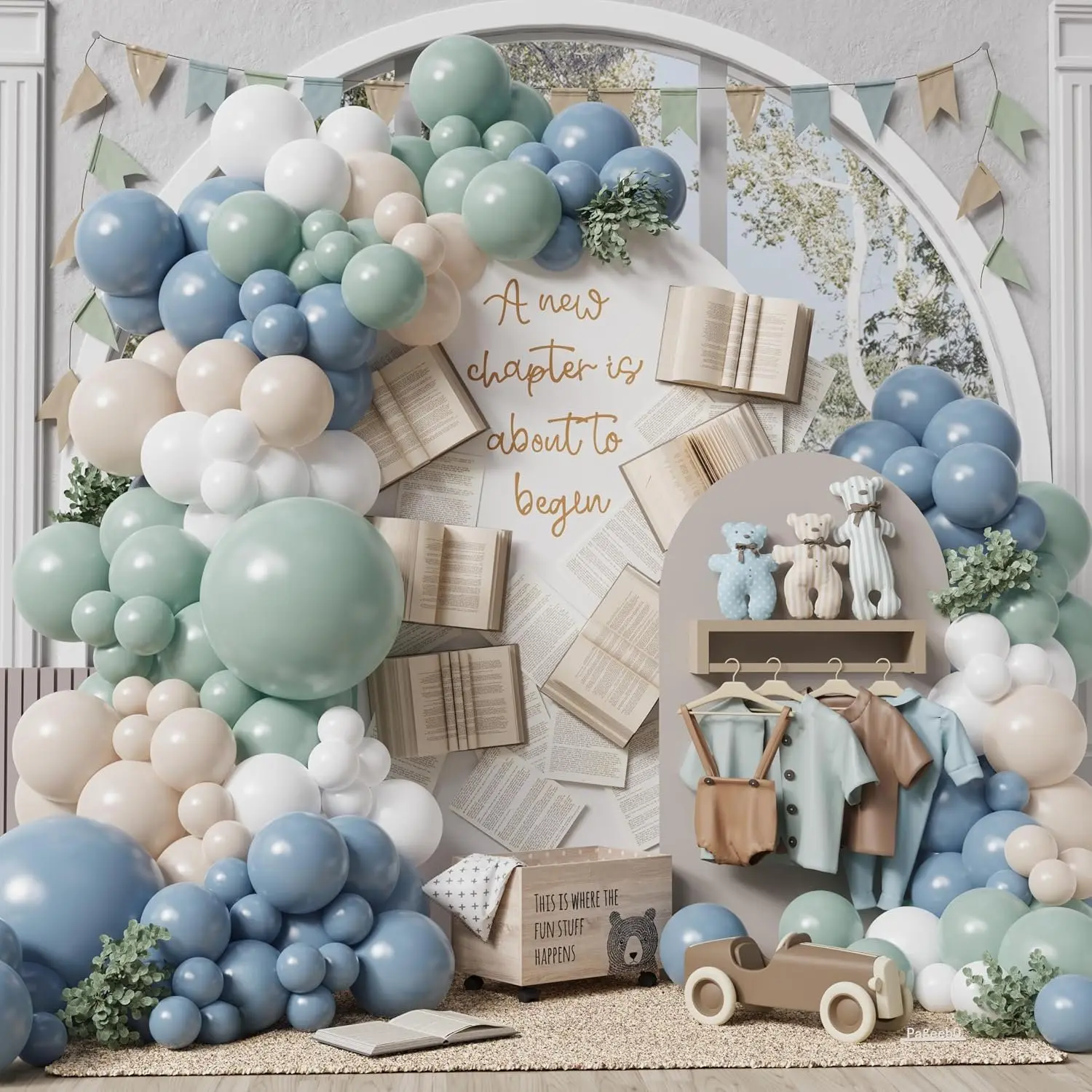 A  Chapter Balloon Arch Garland Kit, 162 count Dusty Green Blue Sand White Balloons for Next Chapter Theme  Shower Birthday Book Party Decorations A  Chapter is about to Begin Party Favors