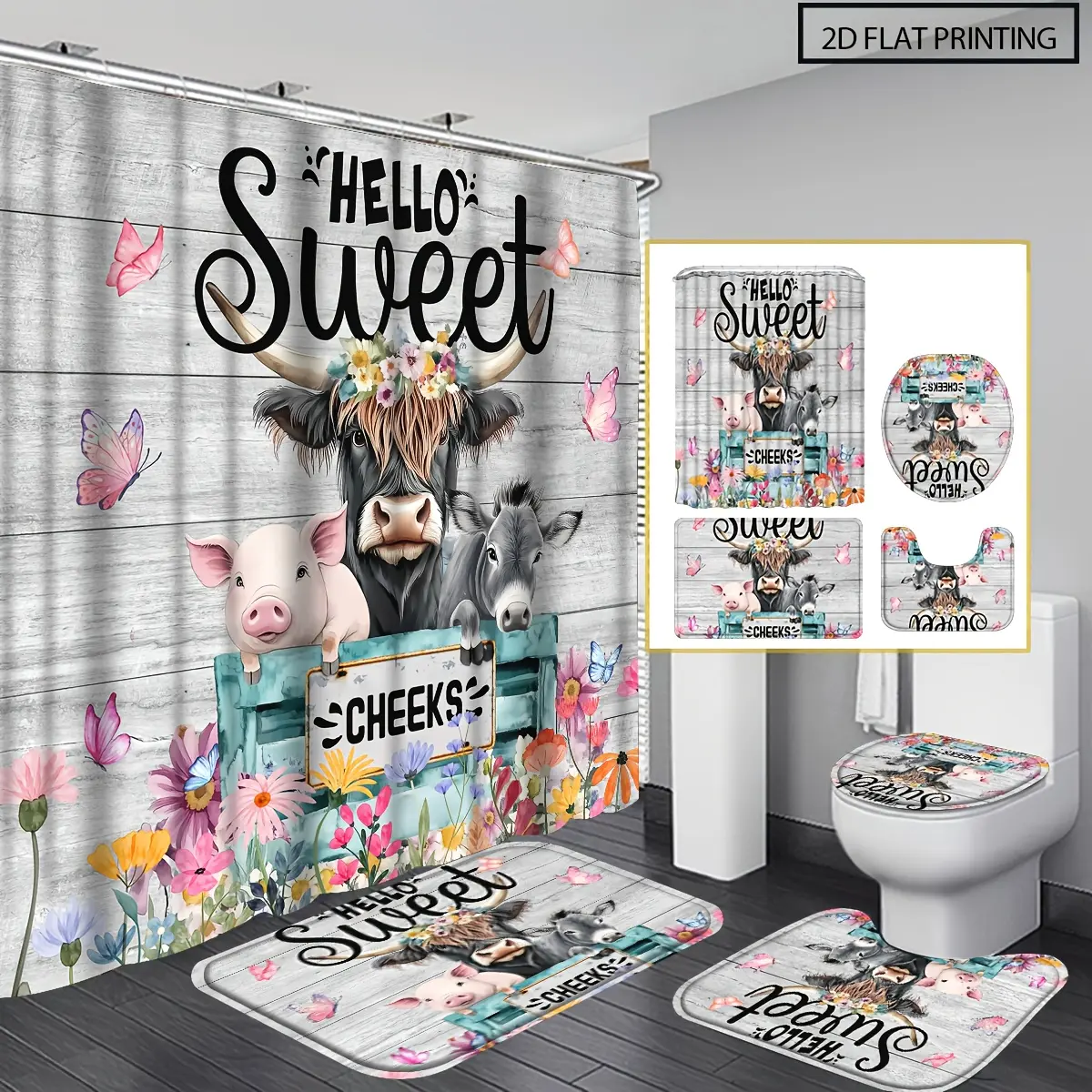 4-Piece Highland Cow Shower Curtain Set, Truck Loaded with Funny Donkeys and Pigs, Flower Butterfly Pattern, "Hello Sweetheart" Themed Shower Curtain with Non-Slip Floor Mat, Toilet Cover and Bathroom Mat, Home Decorative Shower Curtain