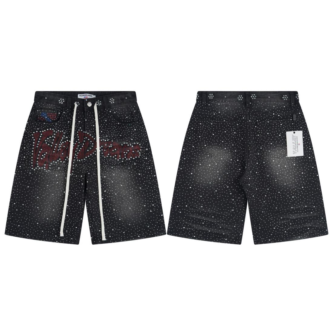 Full Rhinestone Shining Vintage Washed Baggy Denim Shorts Harajuku Y2K Streetwear Letter Embroidery Bling Diamond Loose Knee Length Hip Hop Casual Trendy Sparkly Distressed Jeans Shorts For Men Unisex