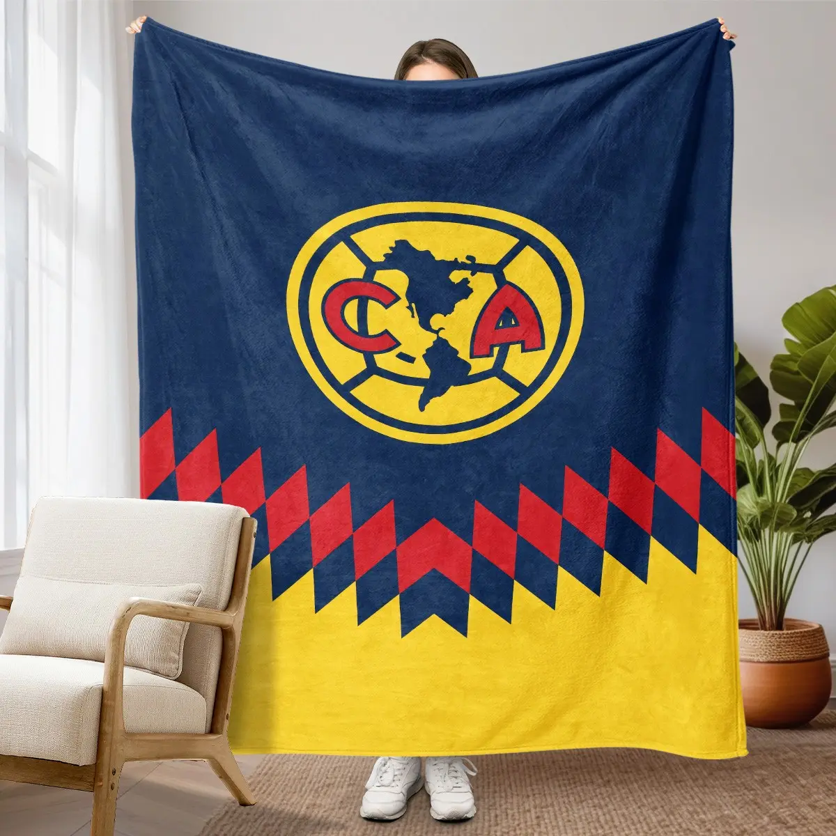 1pc Club America Classic Crest Fleece Blanket, Navy Blue Yellow Background, Red Black Geometric Pattern Retro CA Badge Print. Soft Warm Multi-use Throw for Sofa, Bed, Office, Camping, Ideal Christmas Gift.