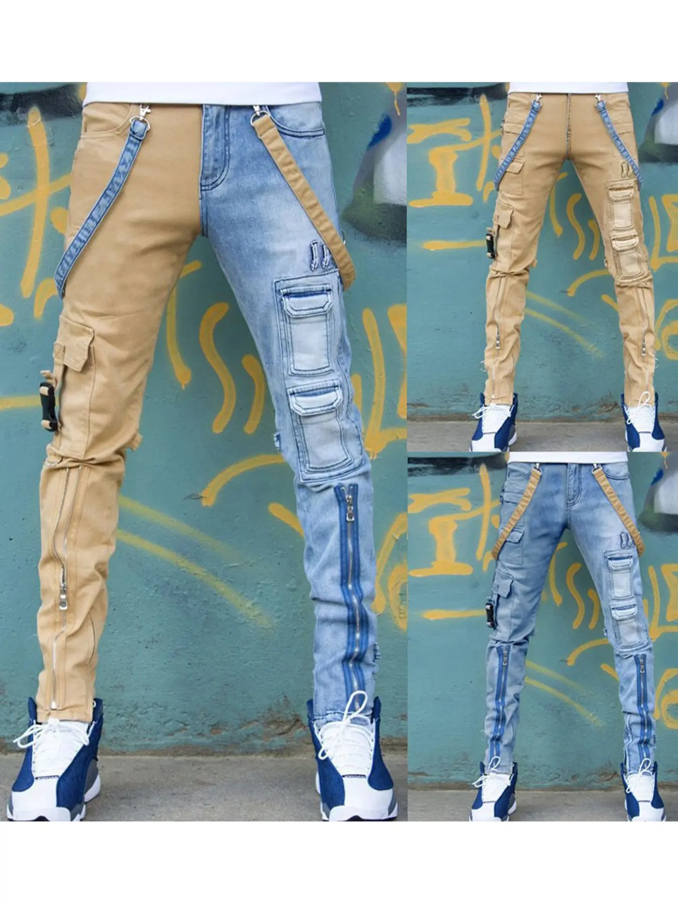 Men's New Two-Tone Washed Jeans, Trendy Slim Fit Zipper Cargo Pocket Denim Jeans, Stylish Casual Fashion Denim for Guys, Comfortable and Durable