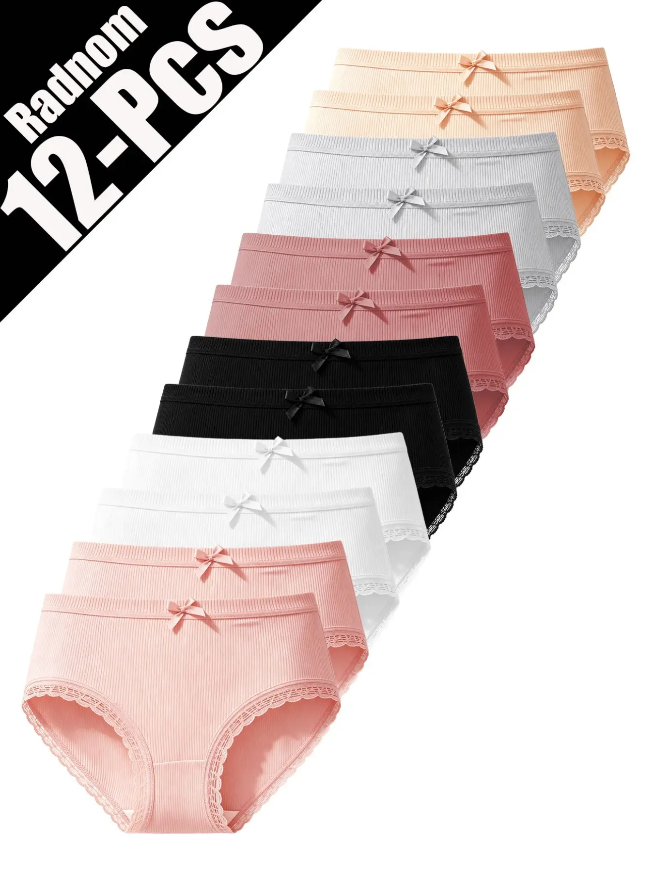 12 Pcs Random Colors, Sweet Girl Lace Trim, Solid Bow Decor, Fitted Triangle Briefs, Suitable for Girls Aged 12+ Years, Daily Wear, Knit Fabric Underwear