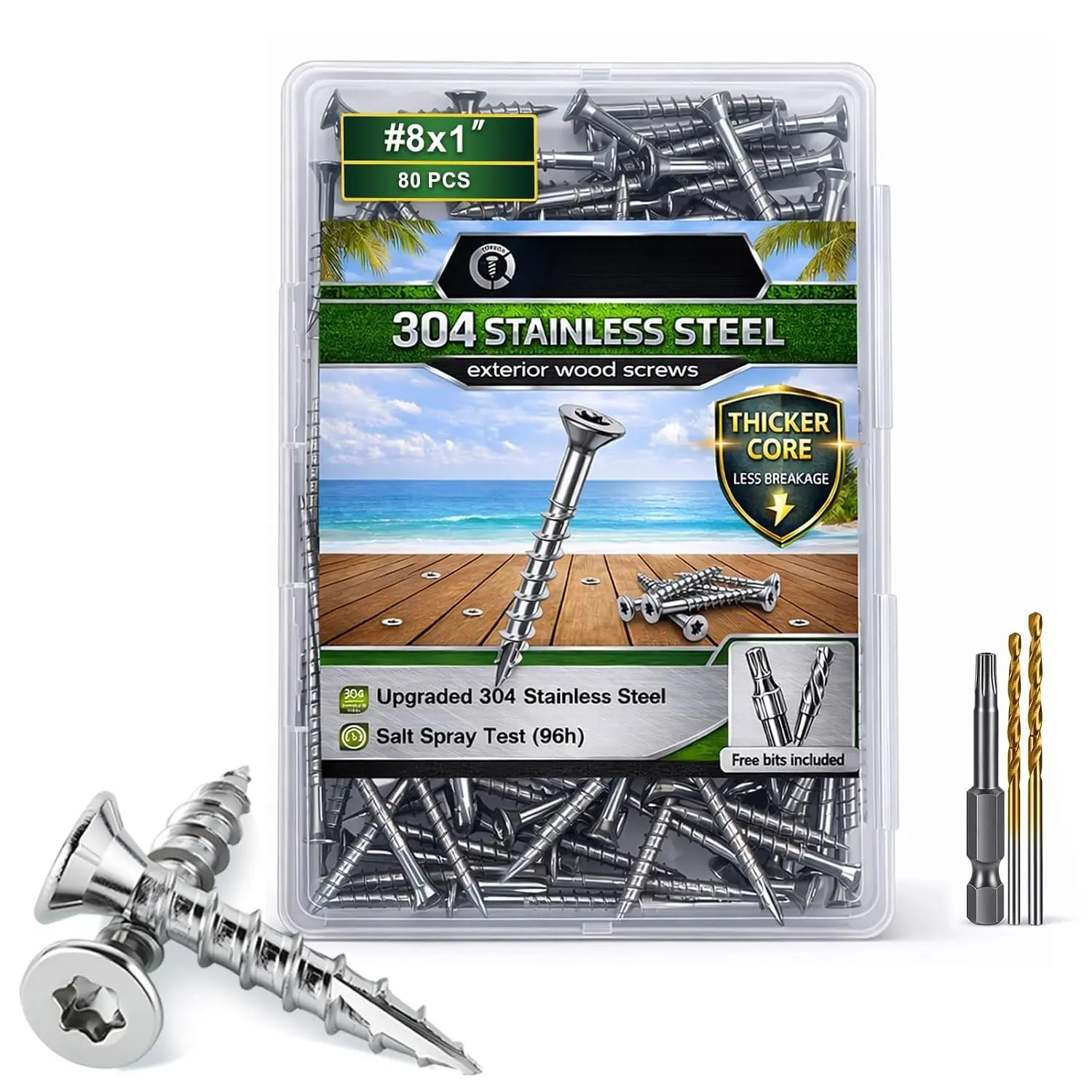 #8 x 1 Stainless Steel  Screws - 304 Stainless Steel Exterior Deck Screws (80 PCS),  & Rust Resistant, T20 Torx Flat  for Outdoor ,Fence & Marine (3 Driver Bits Included)