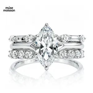 MUSE S925 Sterling Silver 3 Carat Marquise-Cut Moissanite 3-Piece Stackable Ring Set Engagement Wedding Rings for Women