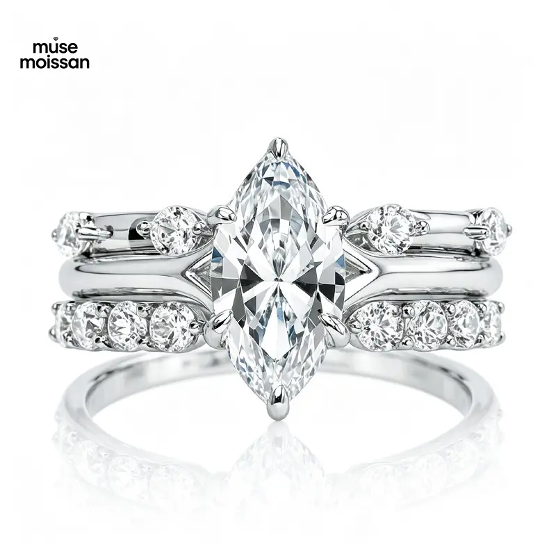 MUSE S925 Sterling Silver 3 Carat Marquise-Cut Moissanite 3-Piece Stackable Ring Set Engagement Wedding Rings for Women