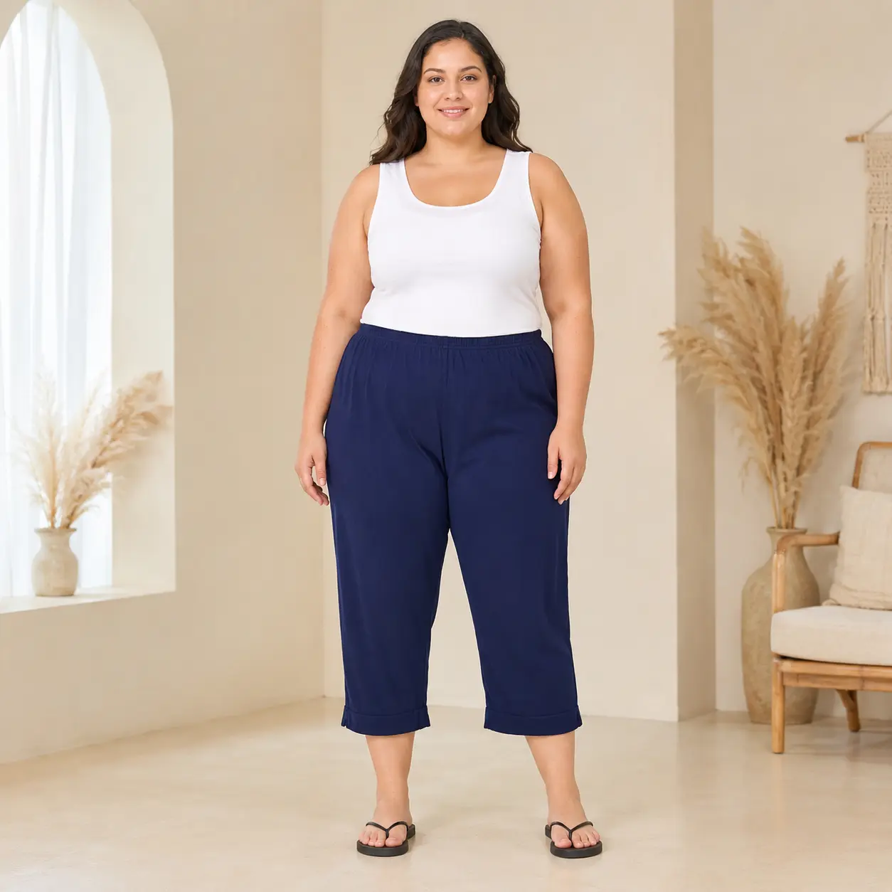 Plus Size High Waist Knit Capri Pants Elastic Loose Wide Leg Cropped Trousers Soft Modal Casual Loungewear Pants For Curvy WomenCurvy Women Soft Knit Elastic High Waist Wide Leg Capri Lounge Pants