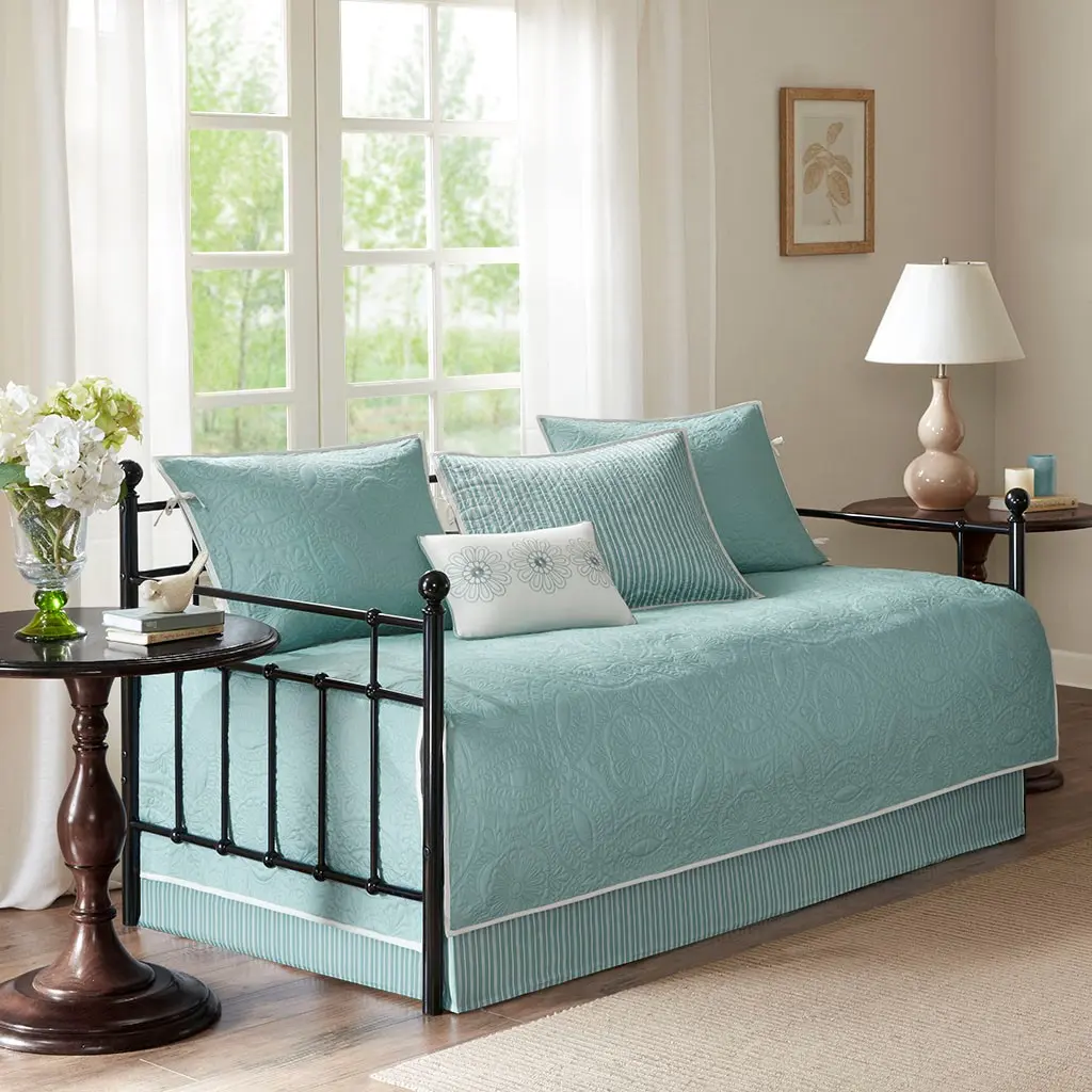 ARCH 6 Piece Reversible Daybed Cover Set Blue Soft Microfiber Quilted Bedding with Comforter, Pillow Shams, Bed Skirt, Fitted Sheet, Flat Sheet, Pillowcases for Guest Room, Kids Room, Dorm, Apartment, Easy Care Machine Washable, Home Furniture and