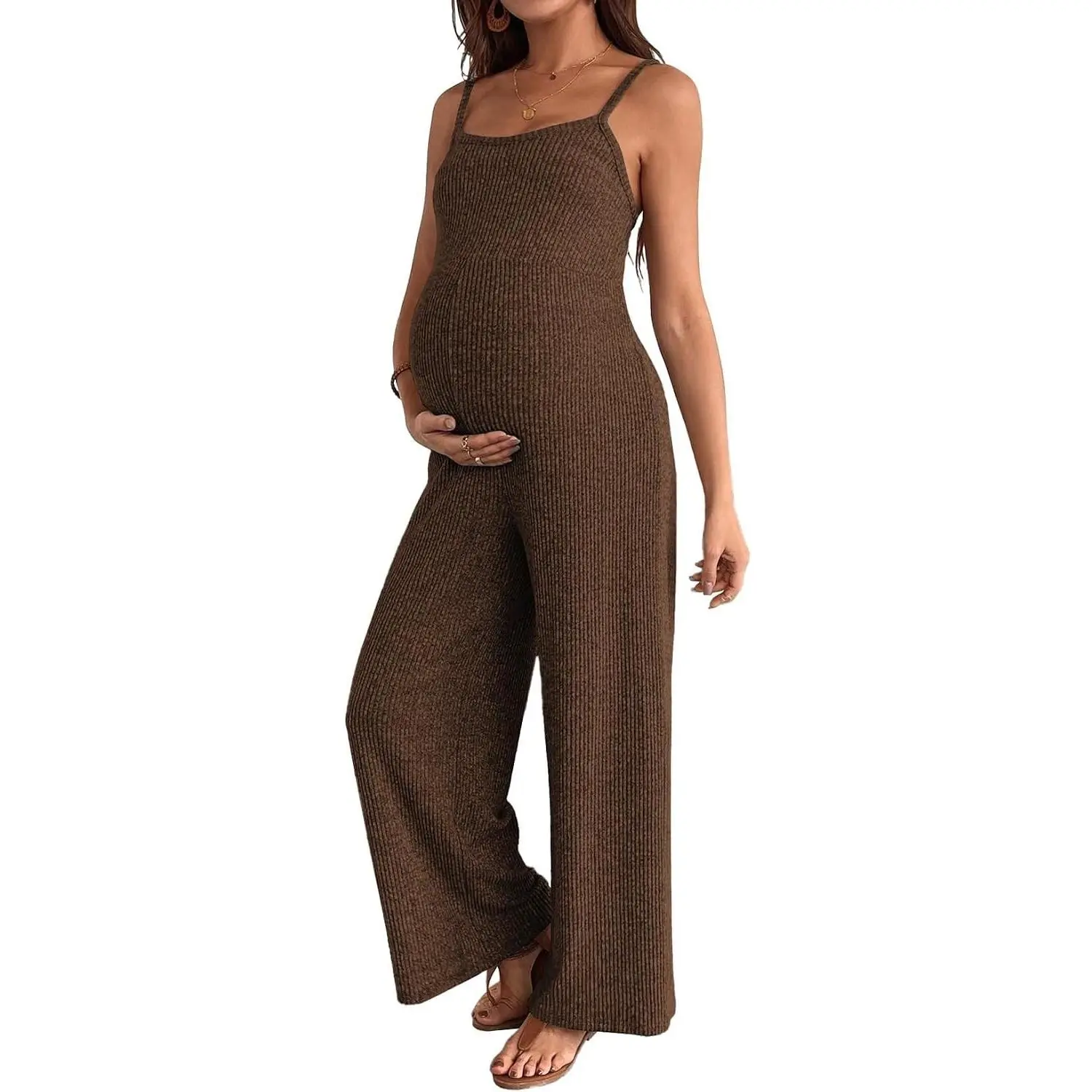 Maternity Ribbed Sleeveless Square Neck Wide Leg Stretchy Jumpsuit Romper(Gift)